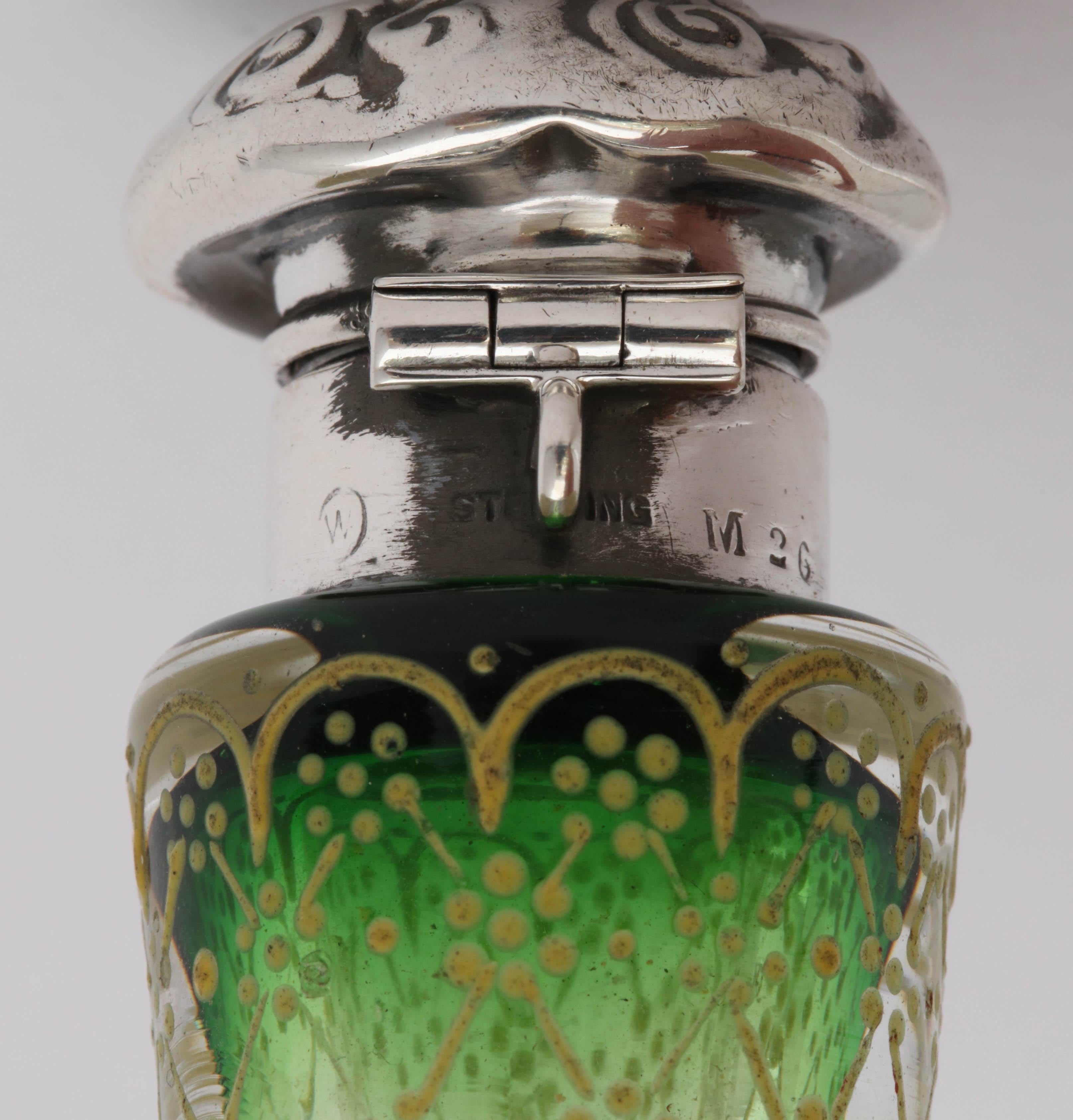 Victorian Sterling Silver Mounted Enameled Green Crystal Lay-Down Perfume Bottle For Sale 4