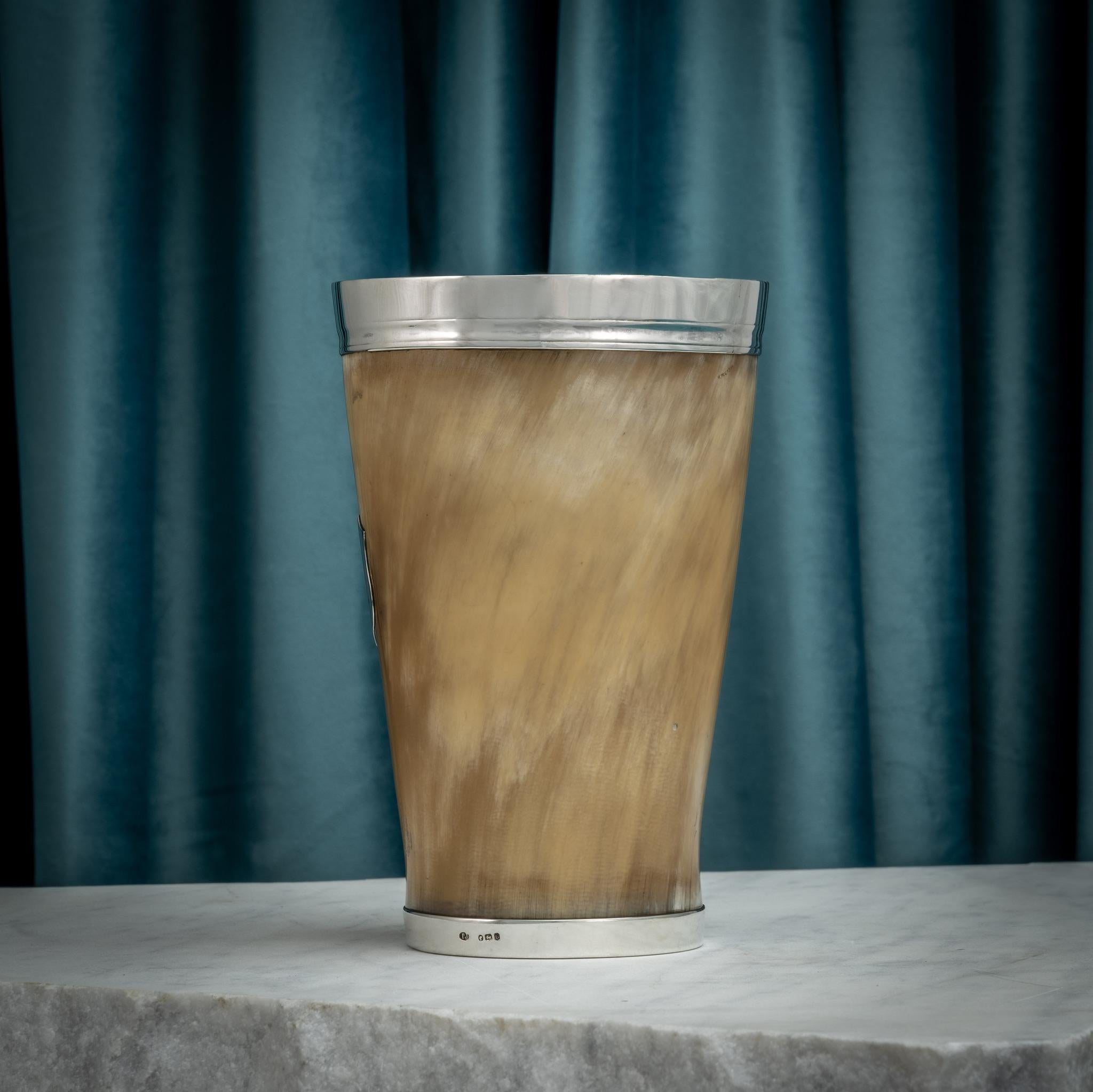 British Victorian Sterling Silver Mounted Horn Beaker, Hallmarked London 1869 For Sale