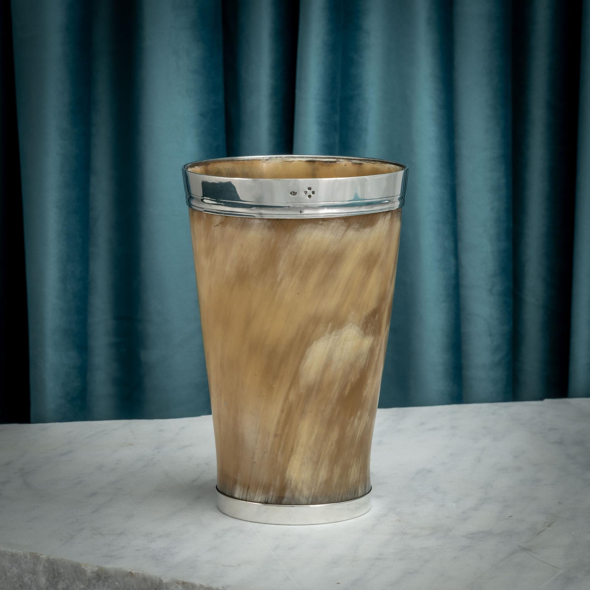 Mid-19th Century Victorian Sterling Silver Mounted Horn Beaker, Hallmarked London 1869 For Sale