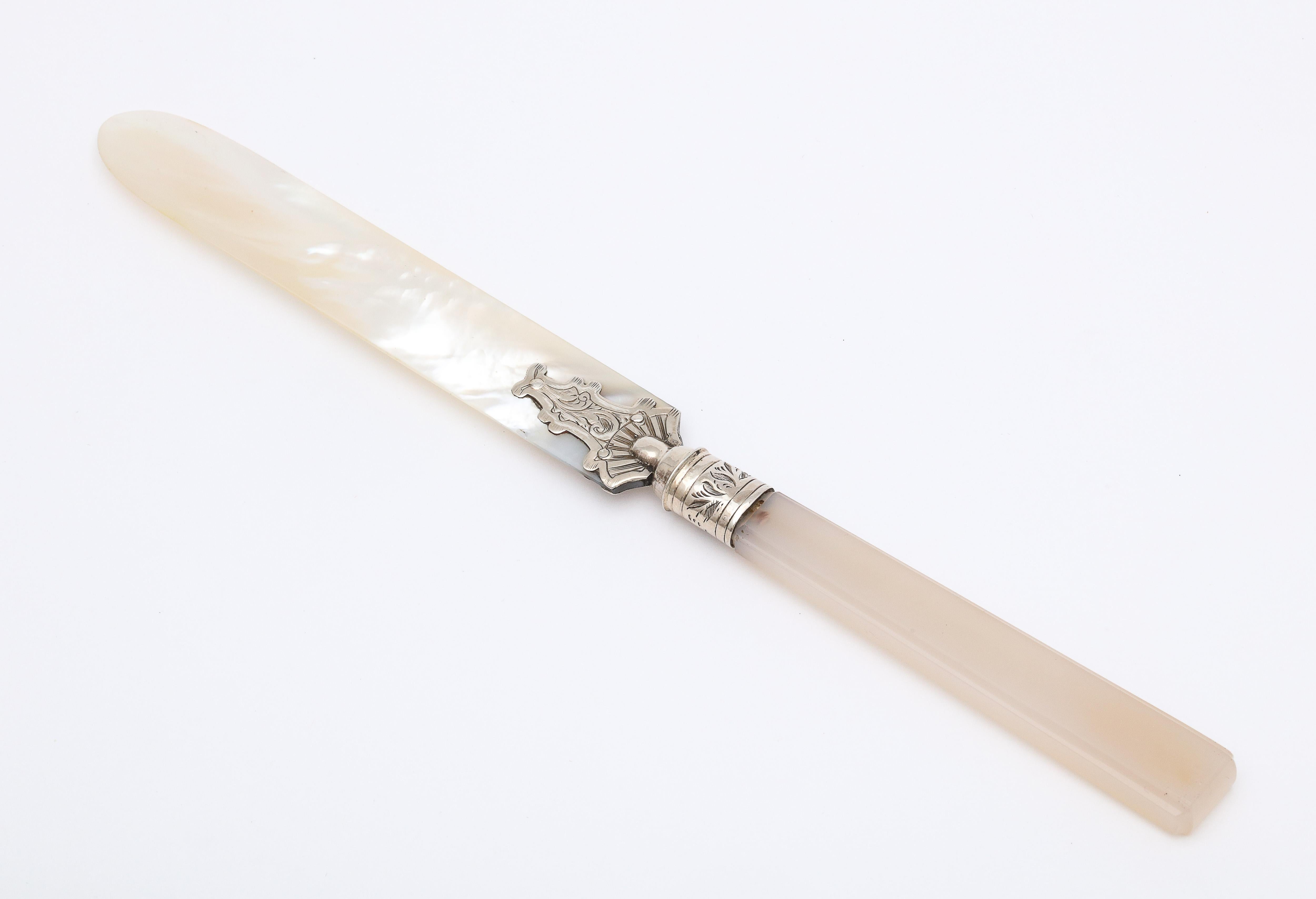 English Victorian Sterling Silver-Mounted Mother of Pearl and Chalcedony Letter Opener