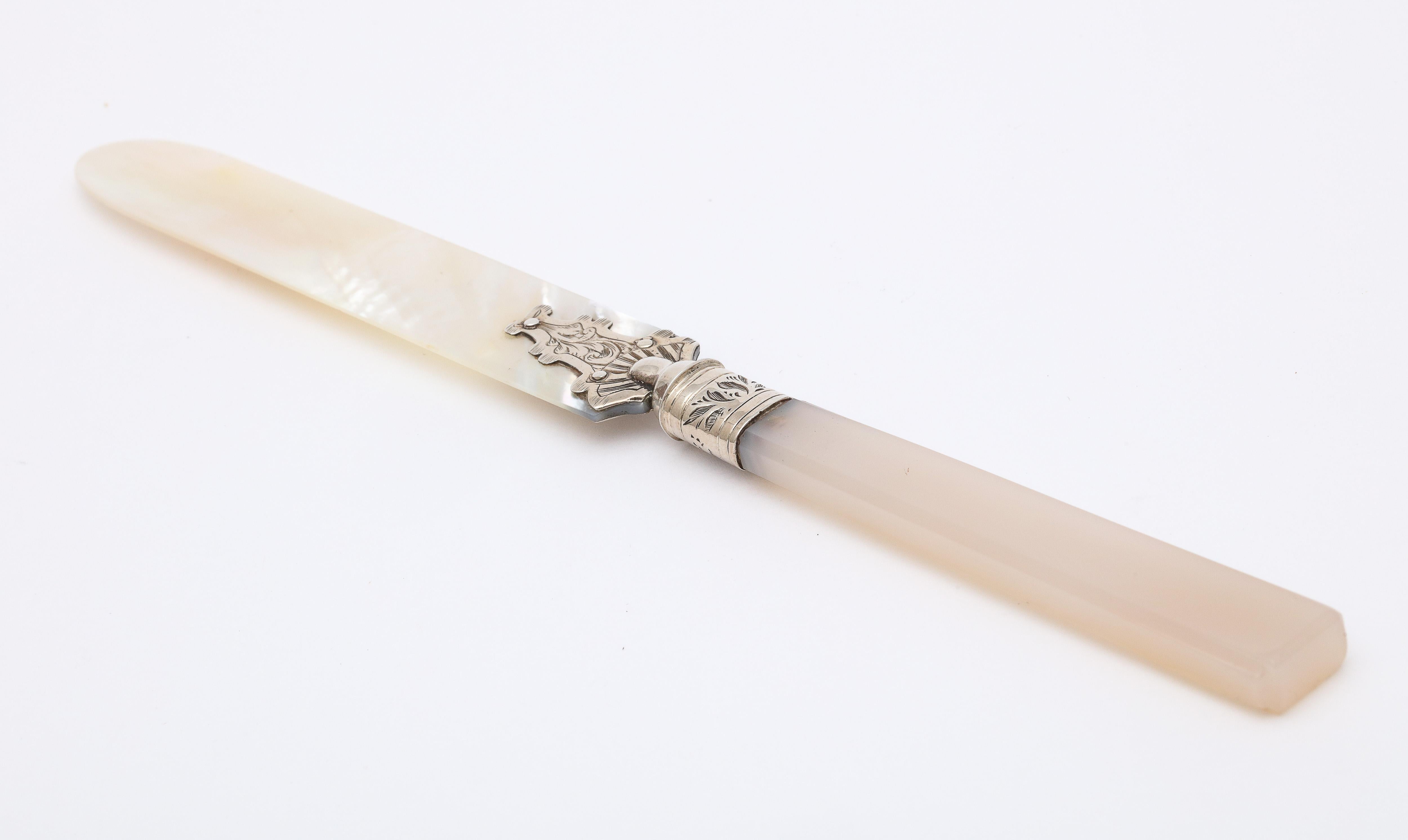 Victorian Sterling Silver-Mounted Mother of Pearl and Chalcedony Letter Opener 1