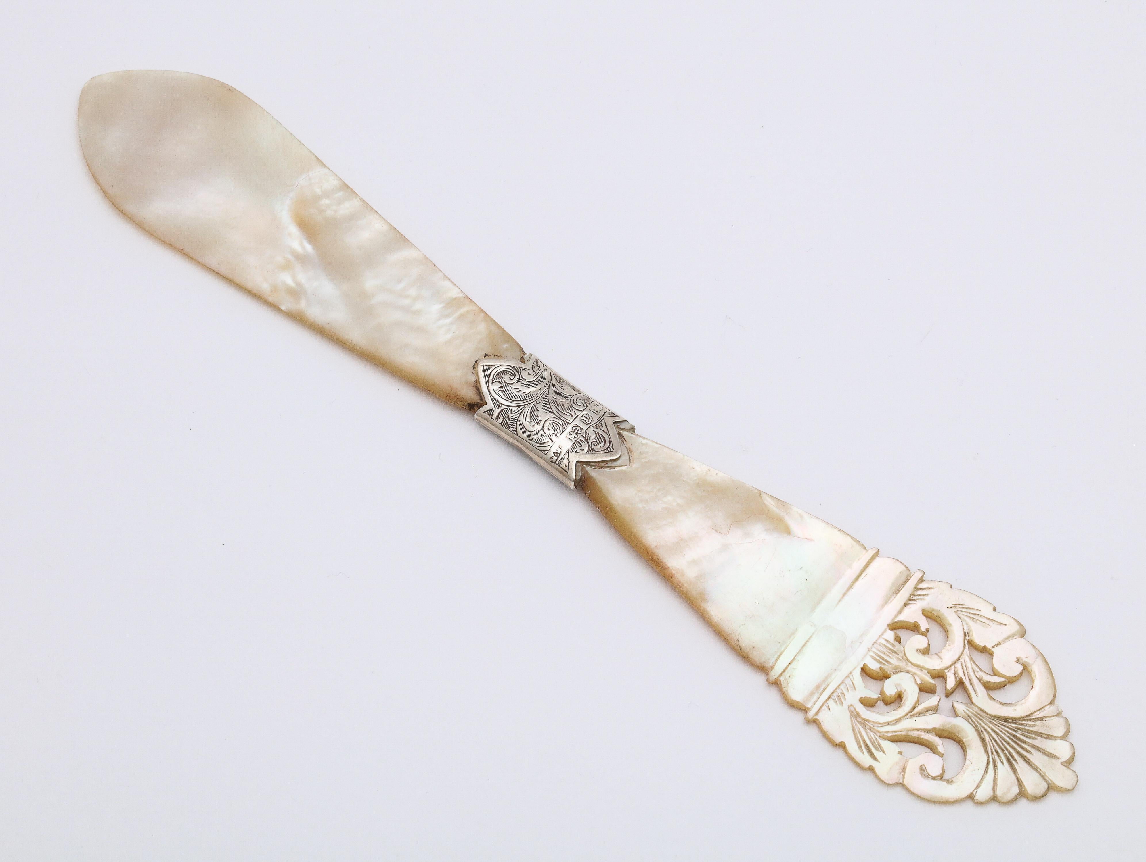 Etched Victorian Sterling Silver-Mounted Mother of Pearl Letter Opener/Paper Knife