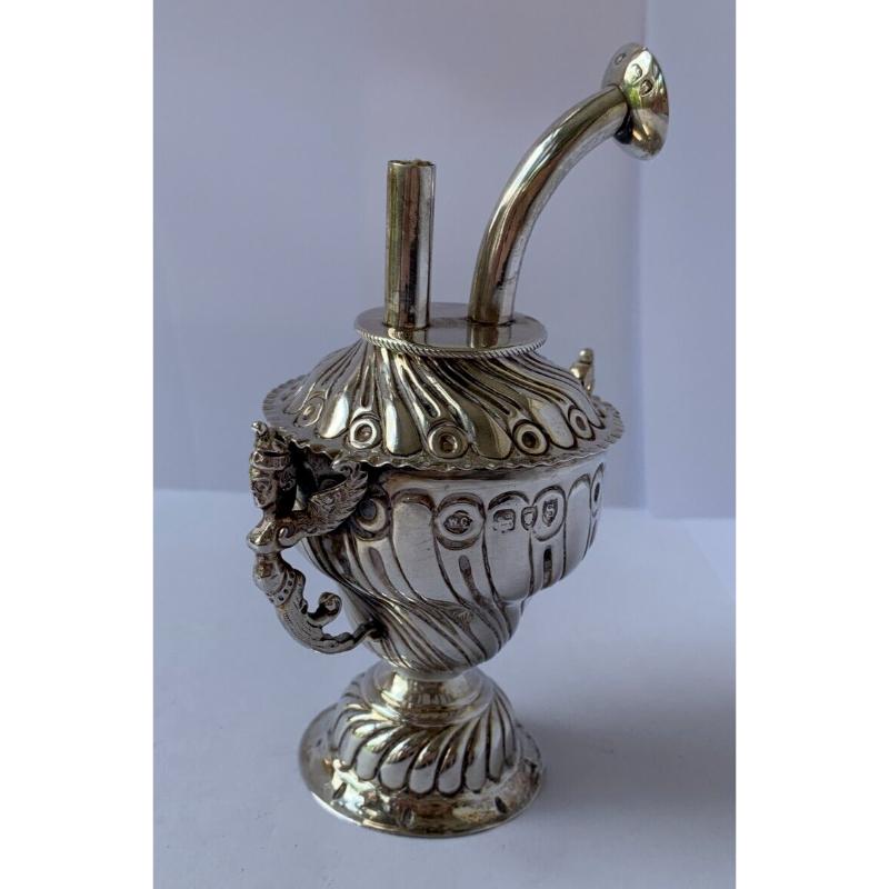 Victorian Sterling Silver Oil Lamp in good vintage condition, this sterling silver repousse Alladin oil lamp has a nice repousse pattern and original hanging wick damper and top.
Victorian Sterling Silver Oil Lamp
In good vintage condition, this