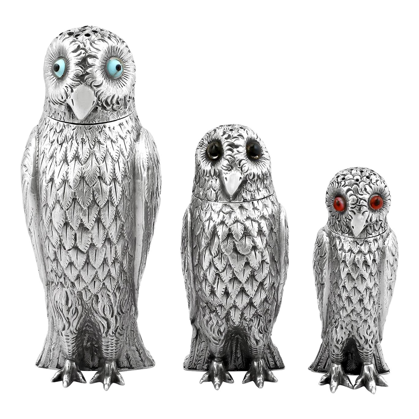 Victorian Sterling Silver Owl Pepperettes Set