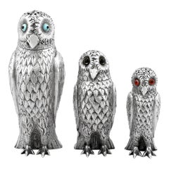 Set di gufi vittoriani in argento Sterling