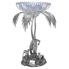 Centro de mesa victoriano de plata de ley con palmera y cuenco de cristal fabricado en 1873