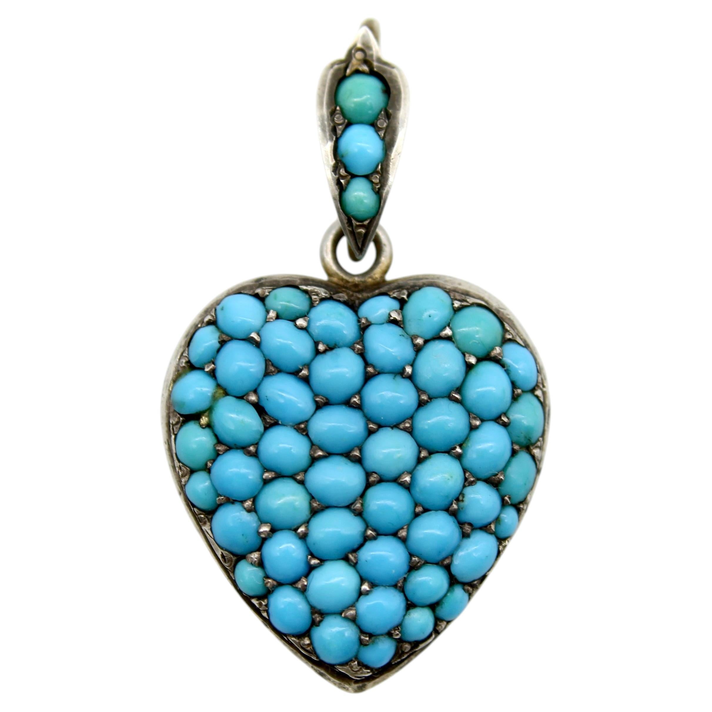 Medaglione vittoriano a forma di cuore in argento sterling con pavé di turchese