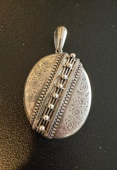 Victorian Sterling Silver Photo Locket Necklace 2.75" Etruscan Flower Monogram