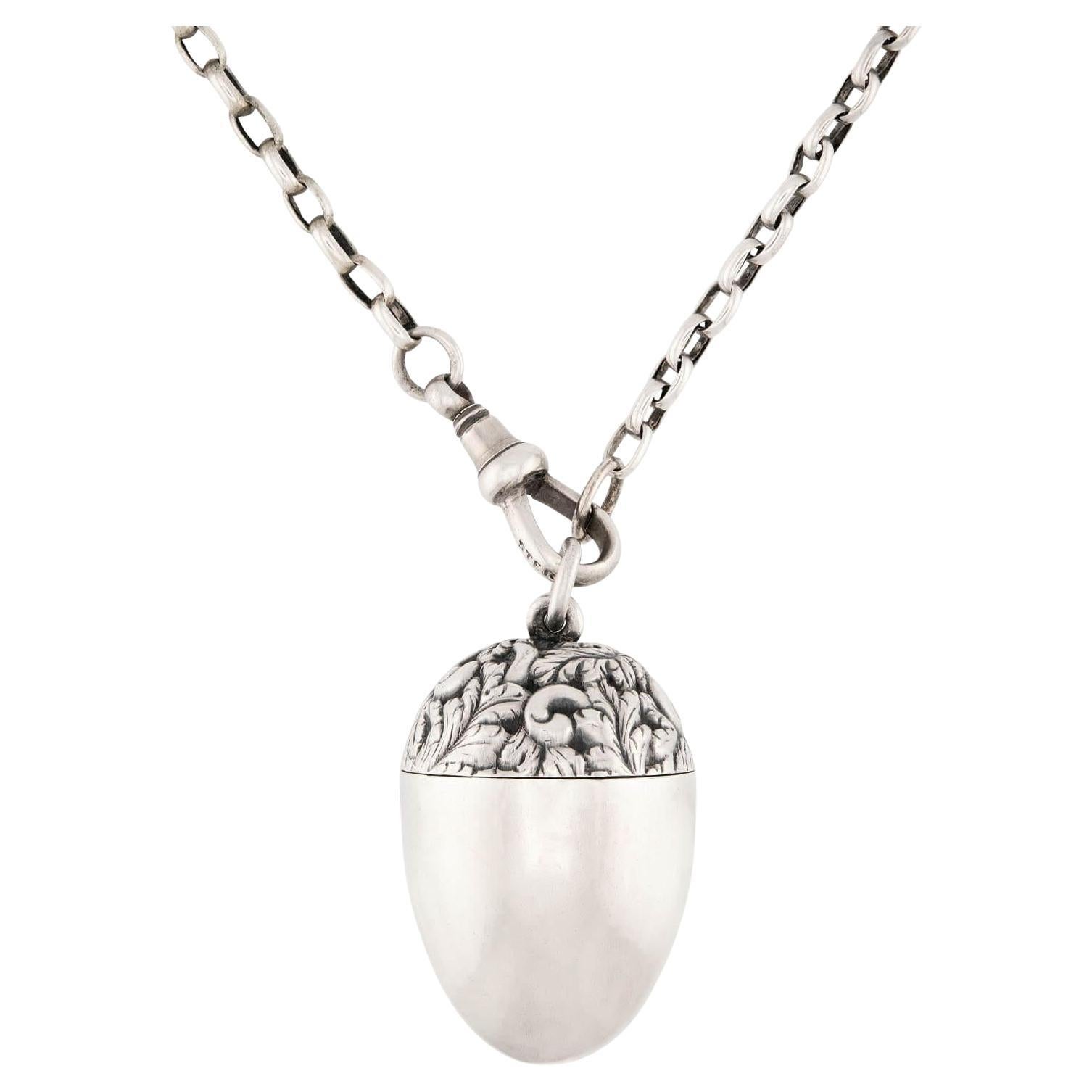 Victorian Sterling Silver Repoussé Acorn Compartment Pendant Necklace For Sale