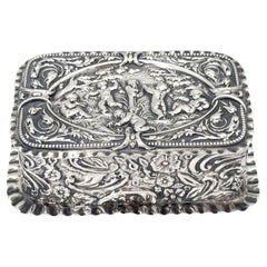 Victorian Sterling Silver Repoussé Trinket Box Putti Garden Scene, London, 1886