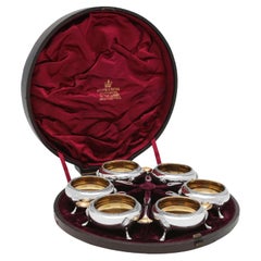 Ensemble de 6 salières et cuillères victoriennes en argent sterling - Boîte d'origine - 1881