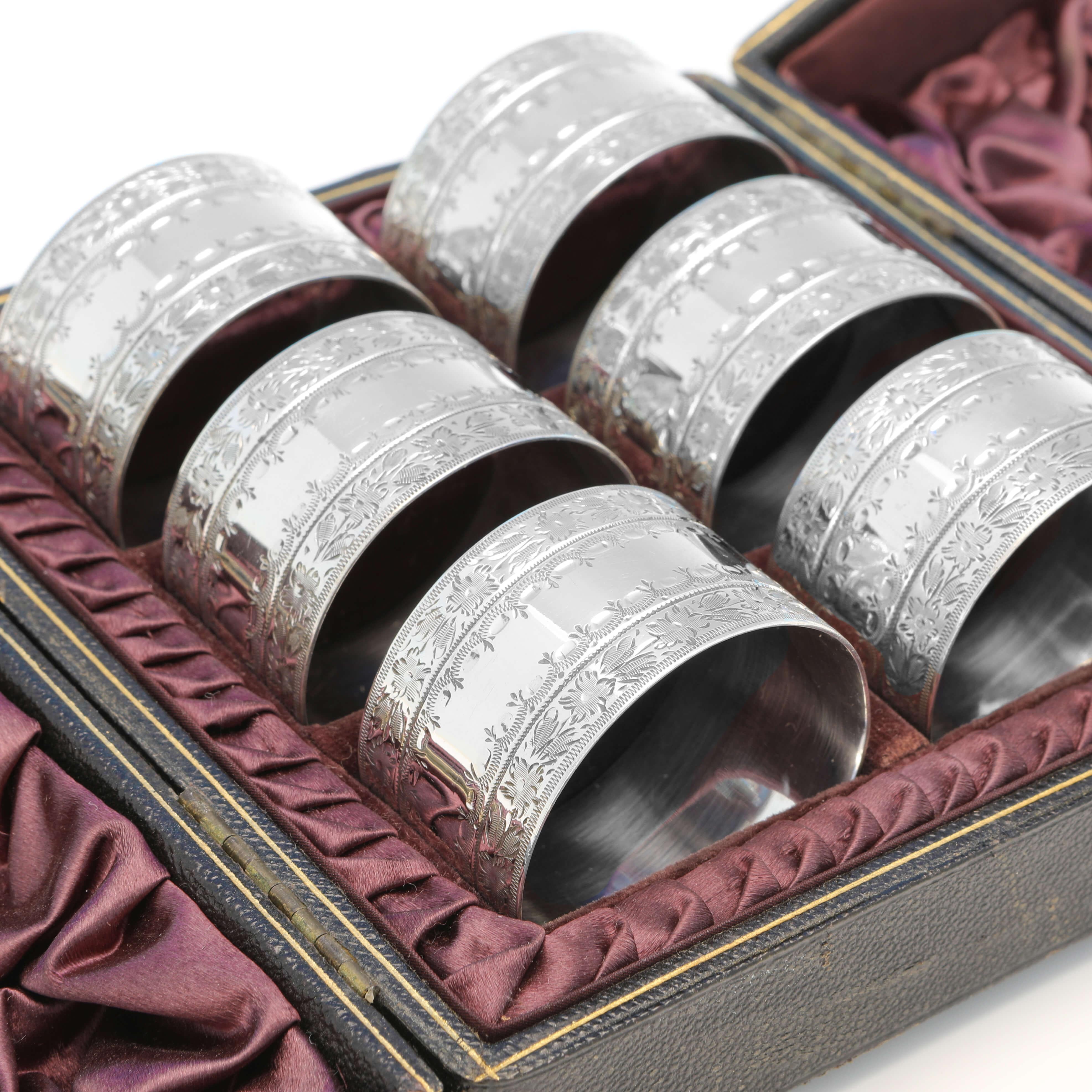 English Victorian Sterling Silver Set of Napkin Rings in a Box, Sheffield 1891