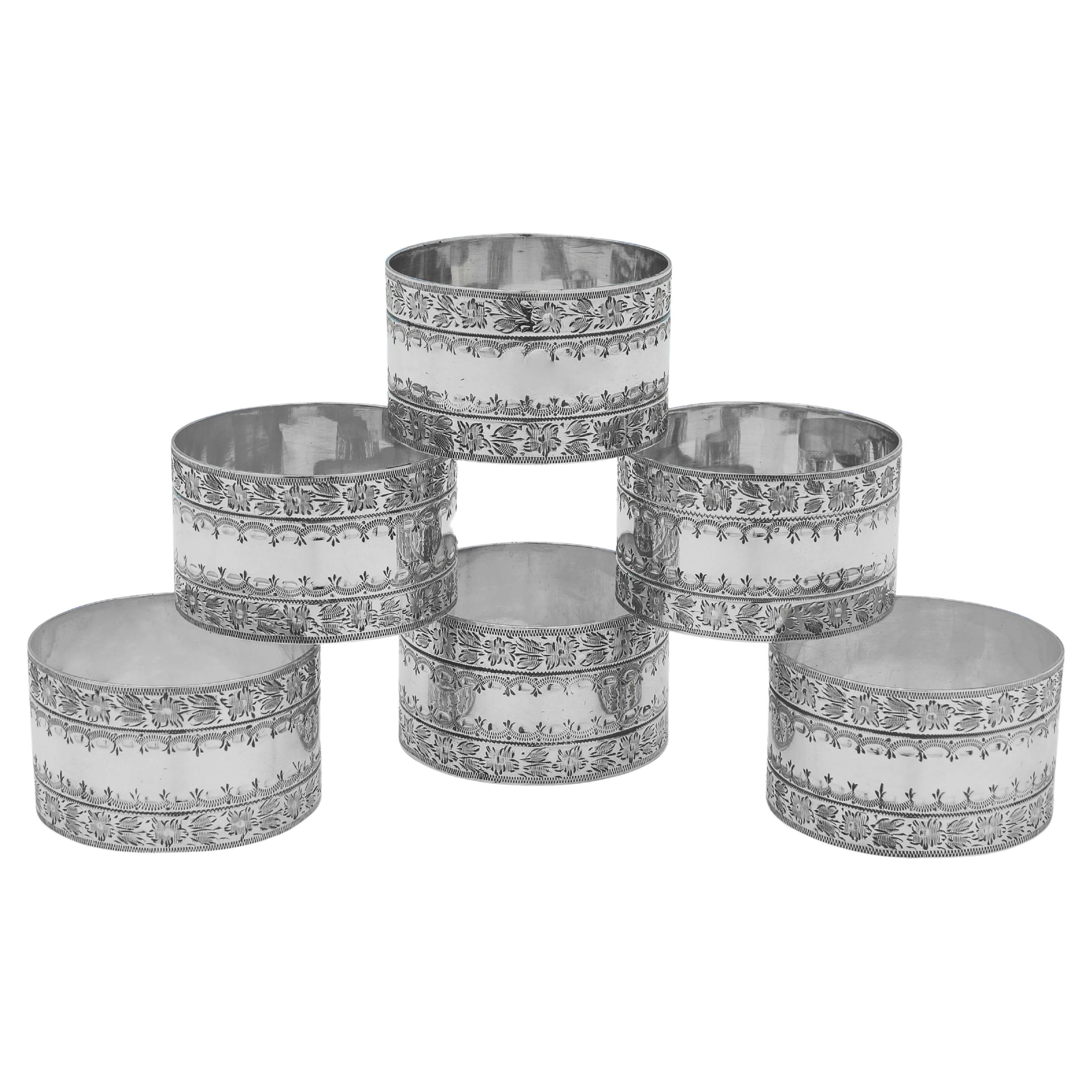 Victorian Sterling Silver Set of Napkin Rings in a Box, Sheffield 1891