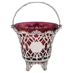 Victorian Sterling Silver Sugar Basket, Ruby Glass, London 1856