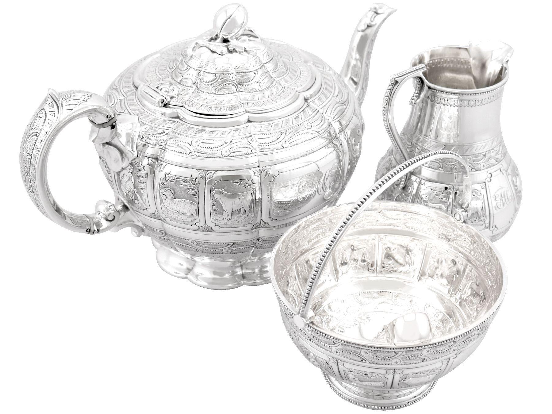 Engraved Victorian Sterling Silver Three Piece Tea Service For Sale