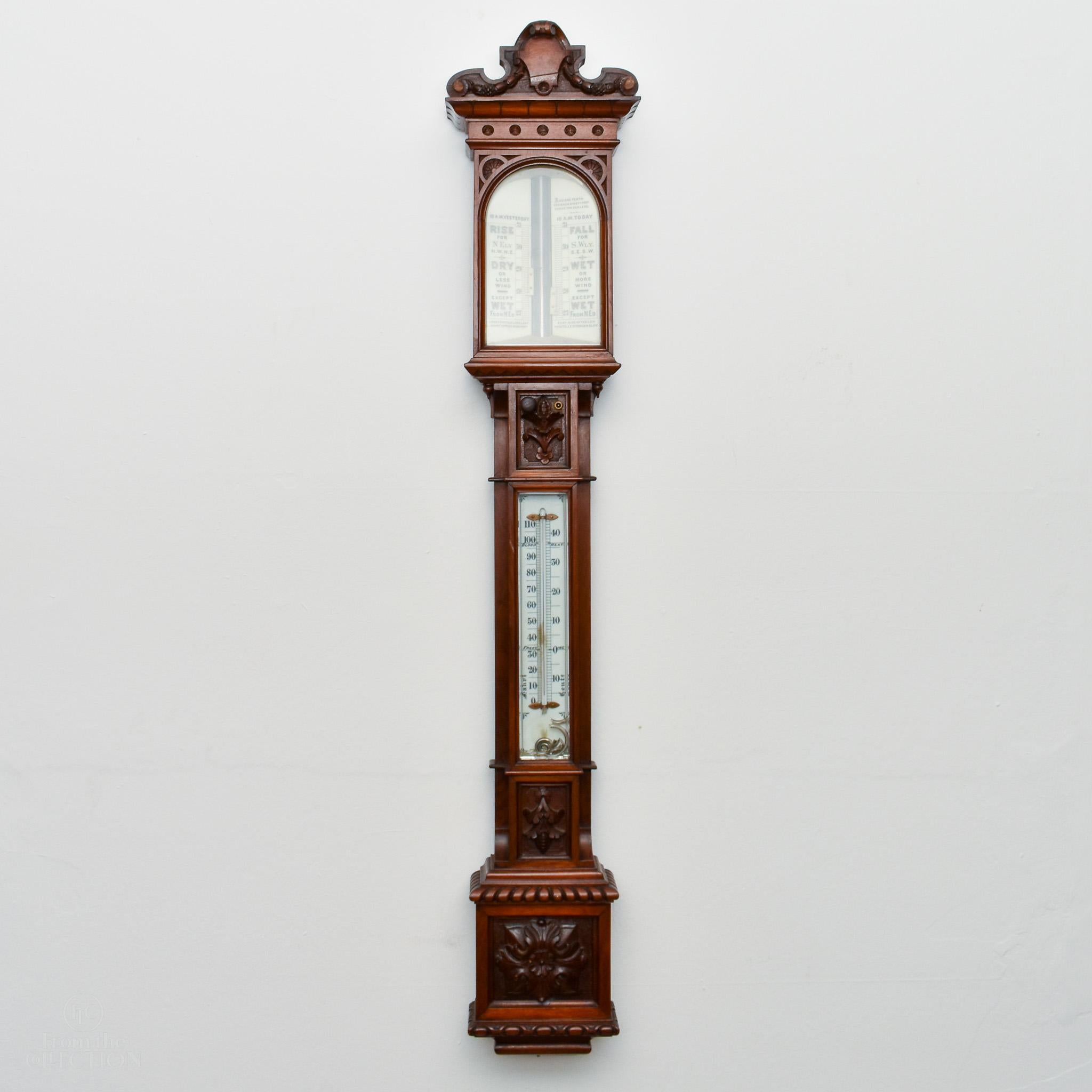 Viktorianisches Stabbarometer um 1880 Fein geschnitzt und mit Intarsien aus Satinholz verziert. Möglicherweise schottische Herkunft.