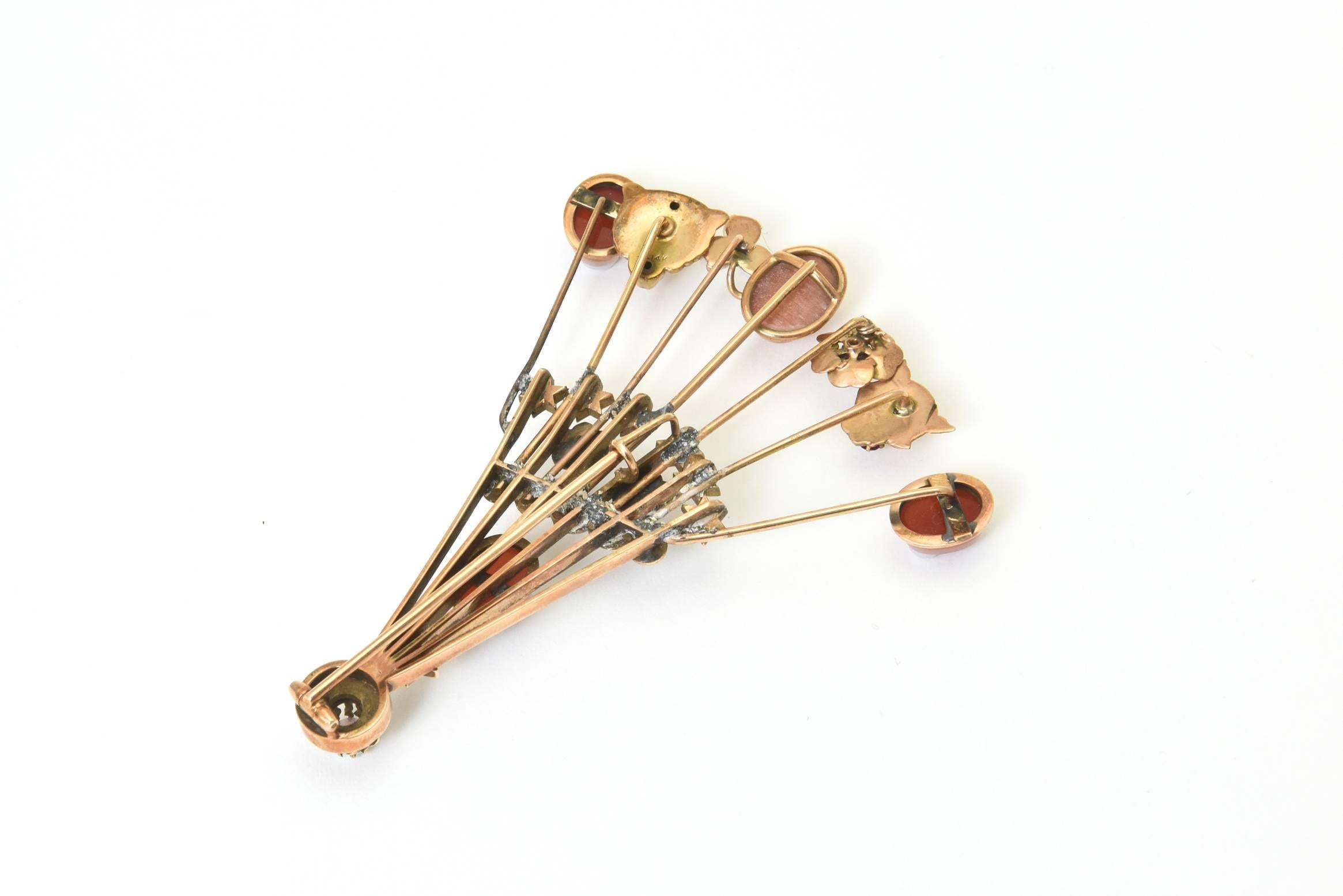 Victorian Stick Pin Collection Custom-Made Gold and Semi Precious Stone Brooch In Good Condition In Miami Beach, FL