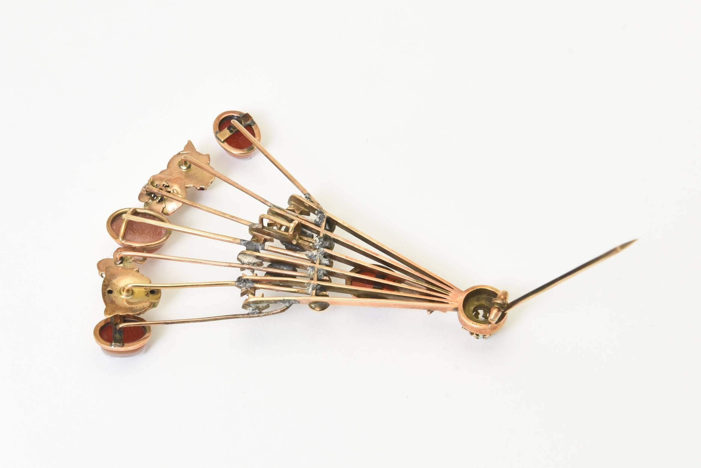 Women's or Men's Victorian Stick Pin Collection Custom-Made Gold and Semi Precious Stone Brooch