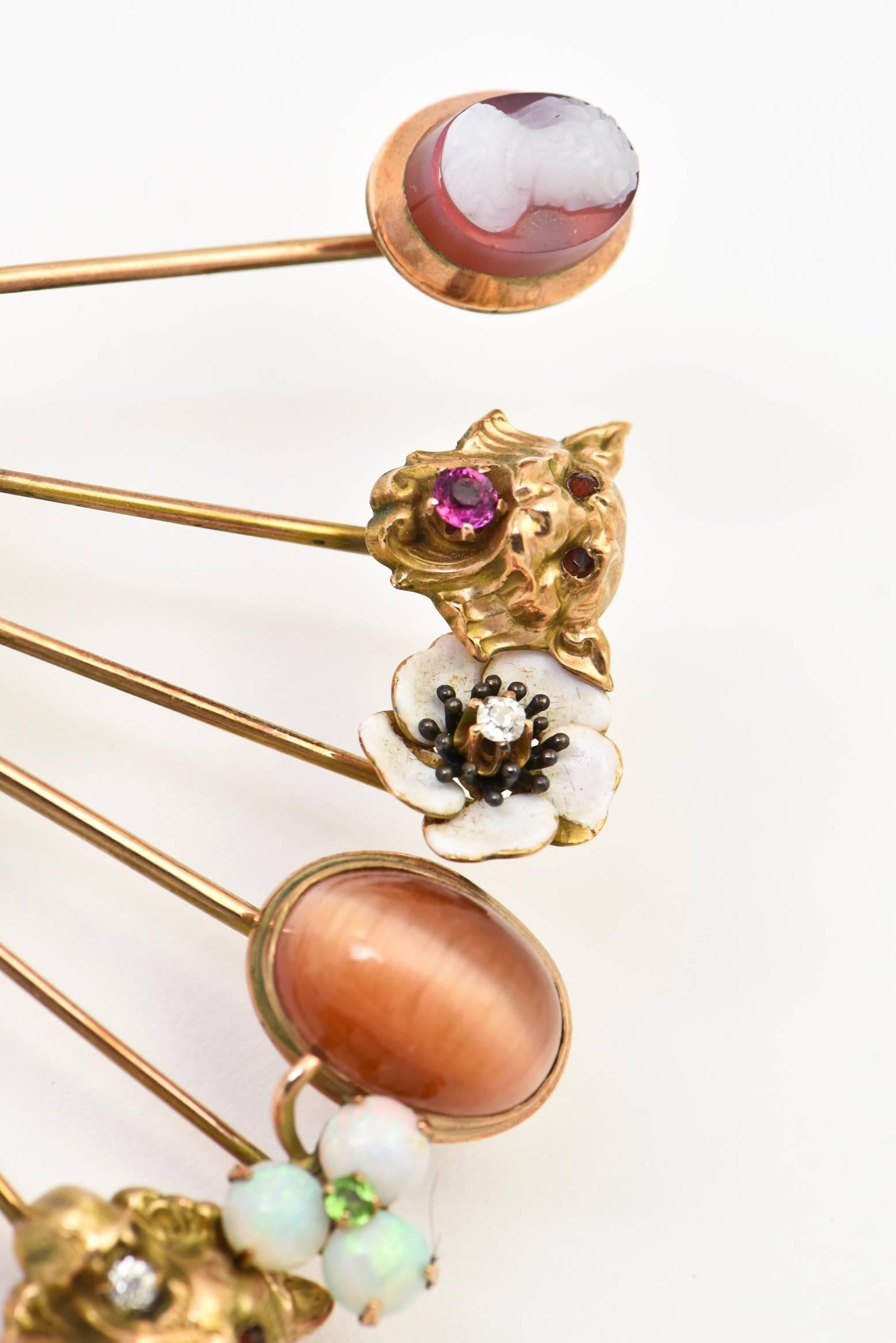 Victorian Stick Pin Collection Custom-Made Gold and Semi Precious Stone Brooch 2