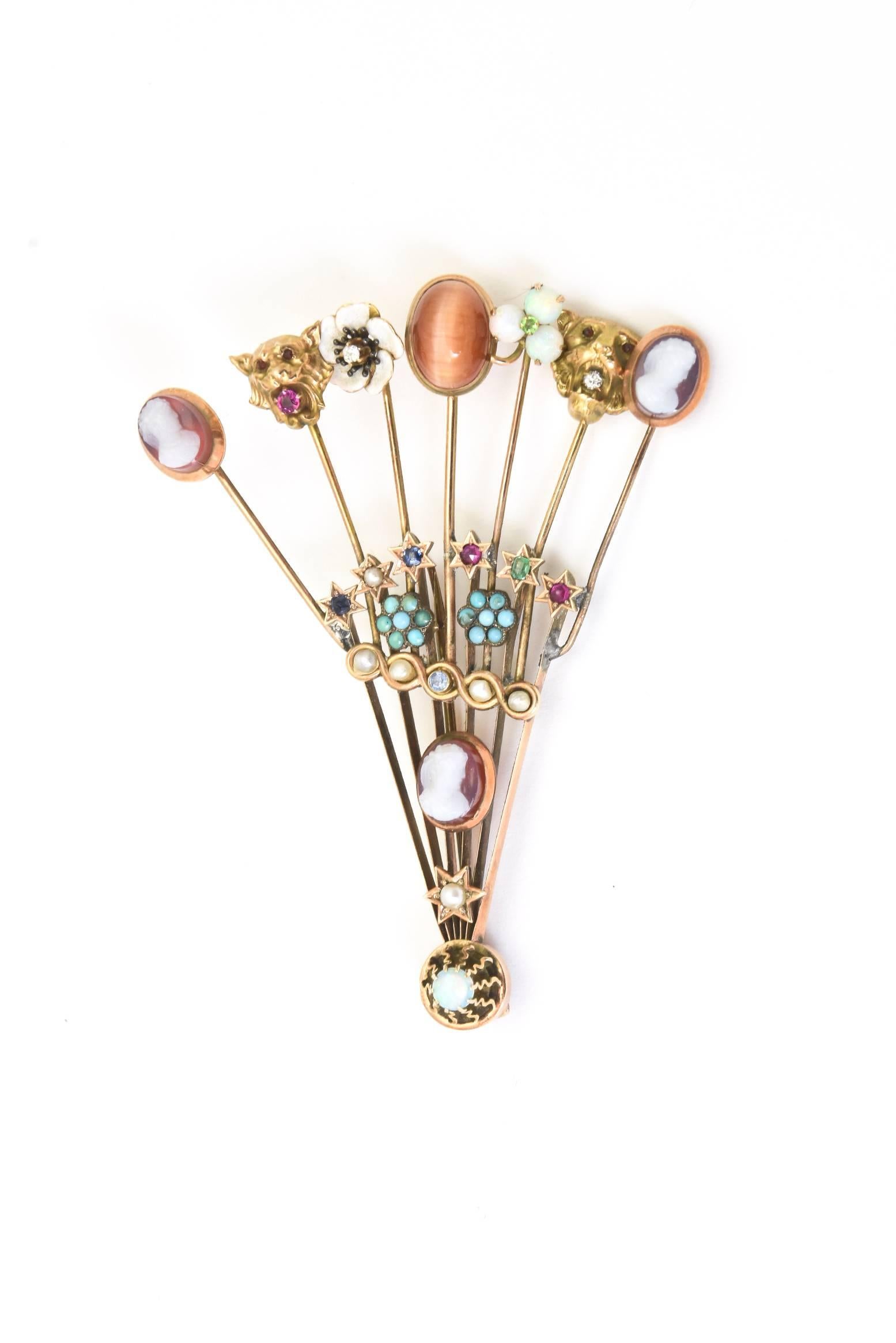 Victorian Stick Pin Collection Custom-Made Gold and Semi Precious Stone Brooch 3