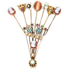 Antique Victorian Stick Pin Collection Custom-Made Gold and Semi Precious Stone Brooch