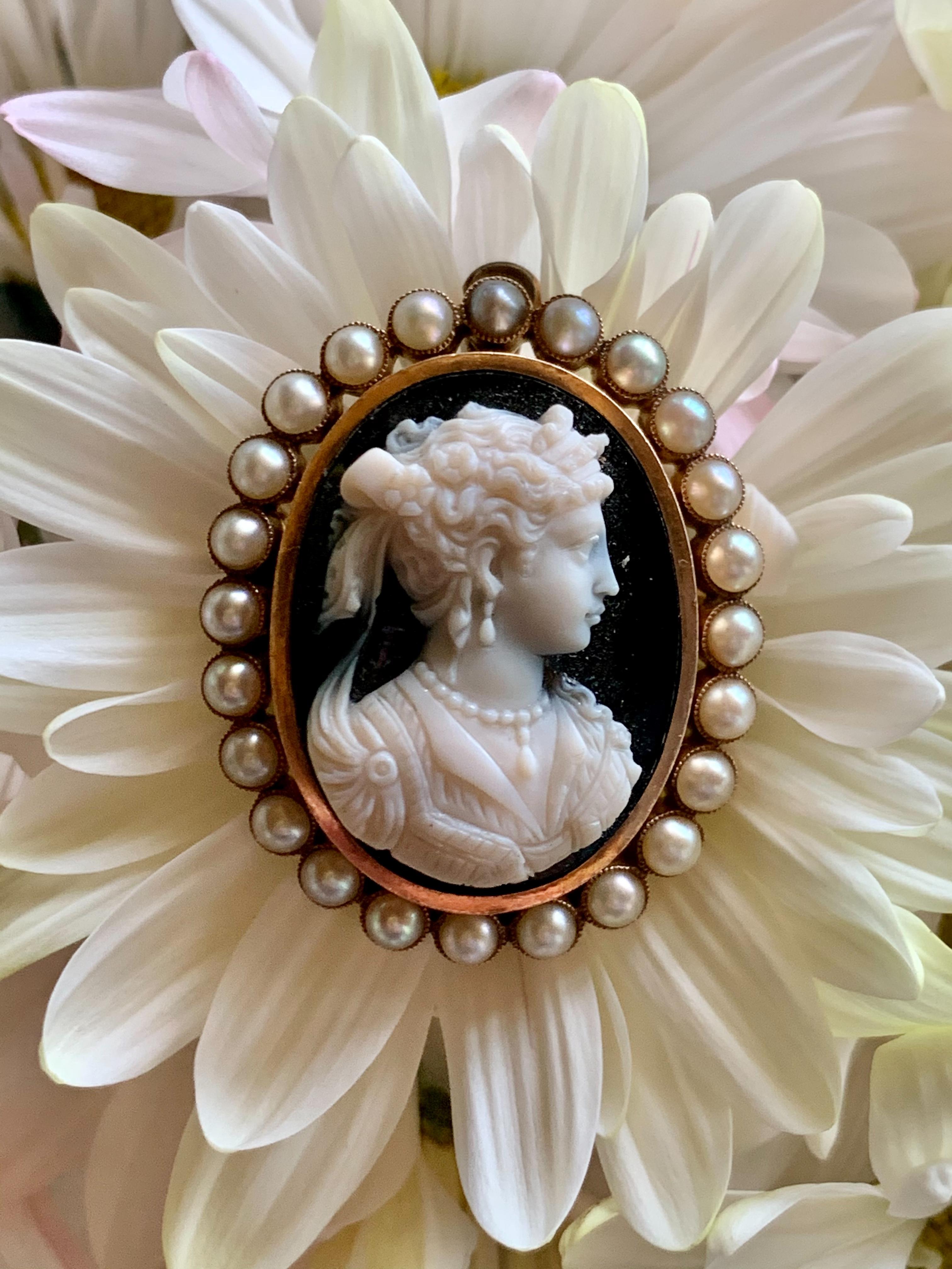 Mixed Cut Victorian Stone Cameo Brooch and Pendant with Pearl Halo in 14 Karat Yellow Gold