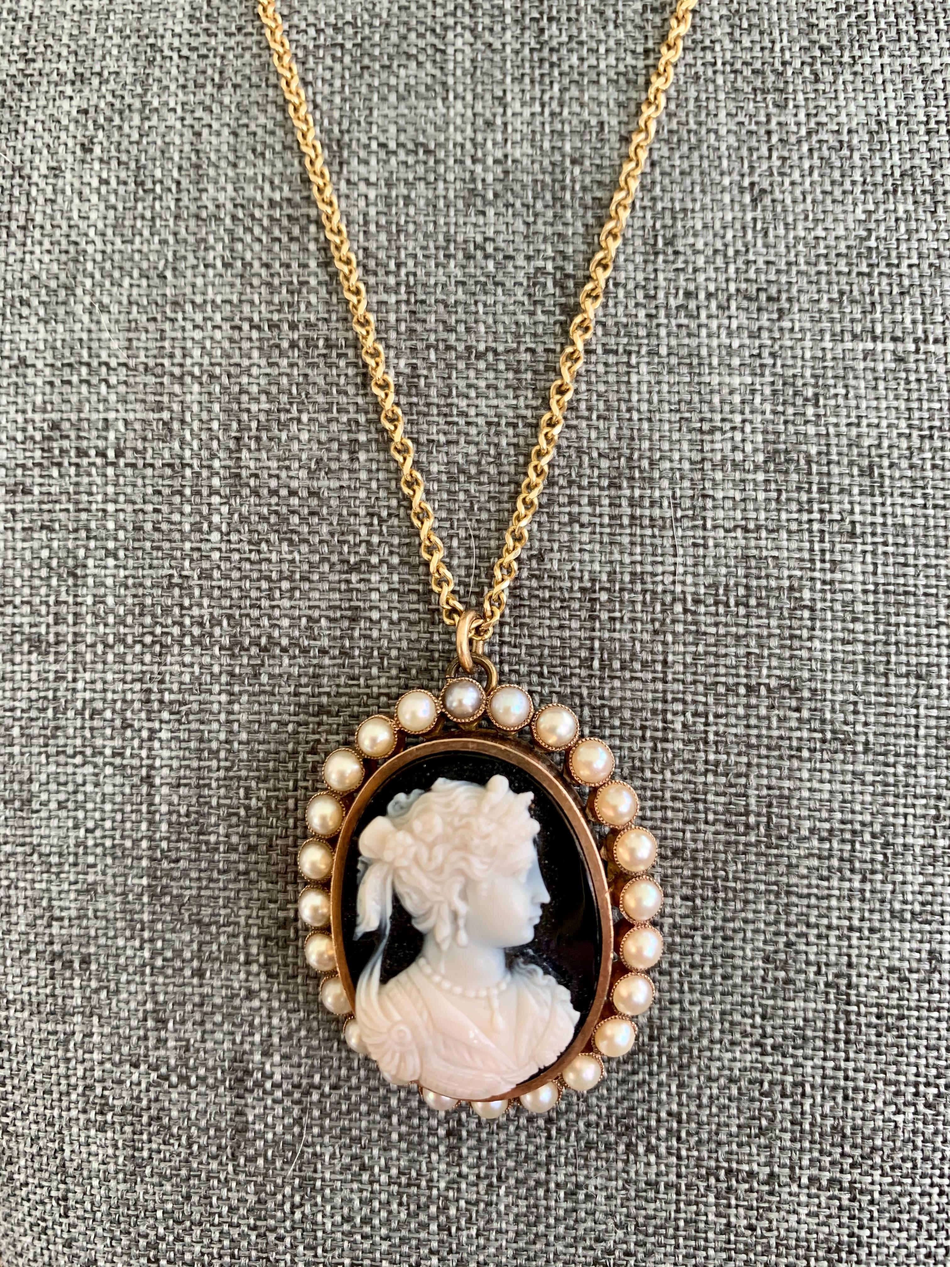 Victorian Stone Cameo Brooch and Pendant with Pearl Halo in 14 Karat Yellow Gold In Good Condition In St. Louis Park, MN