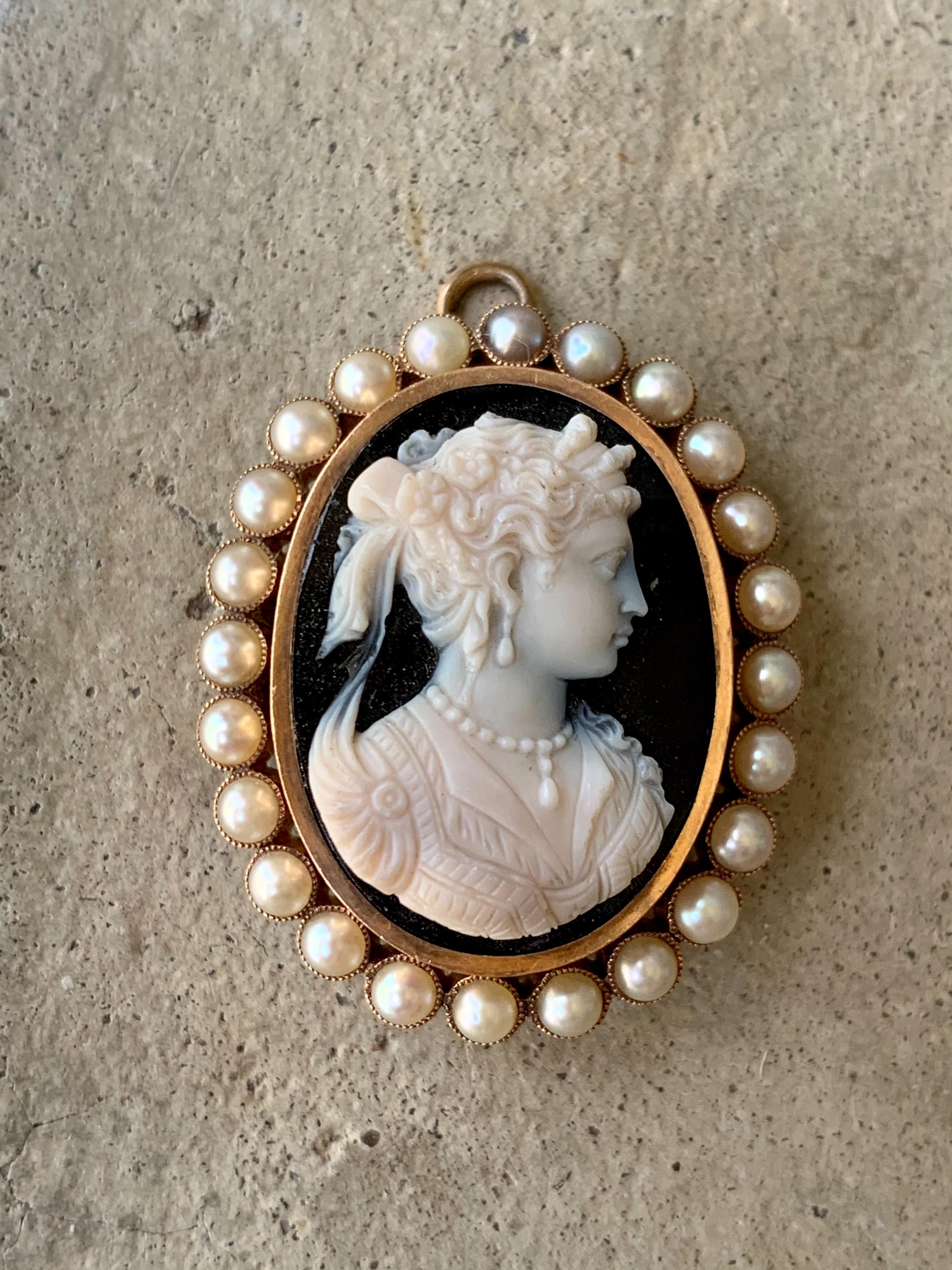 Victorian Stone Cameo Brooch and Pendant with Pearl Halo in 14 Karat Yellow Gold 1