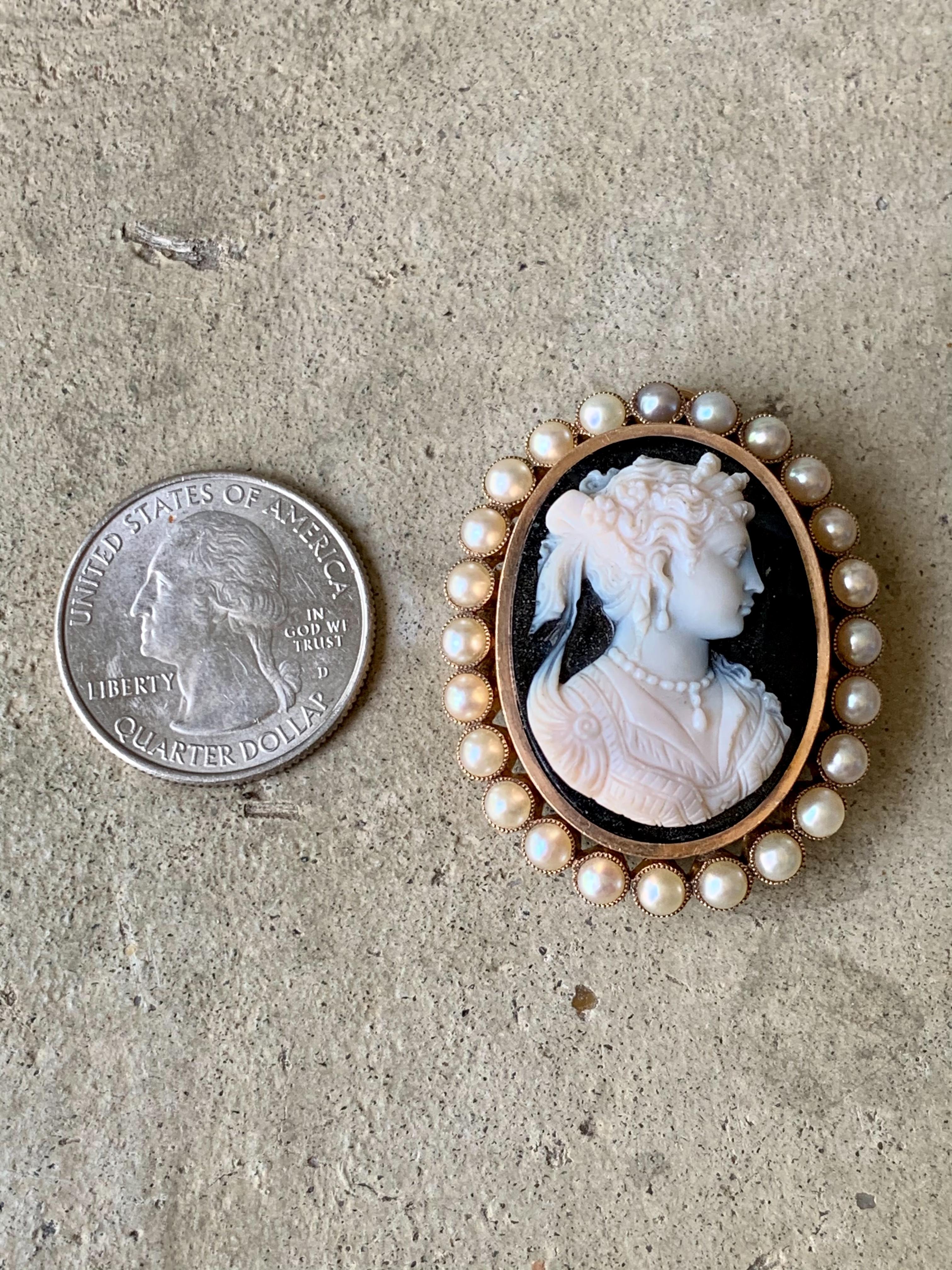 Victorian Stone Cameo Brooch and Pendant with Pearl Halo in 14 Karat Yellow Gold 3