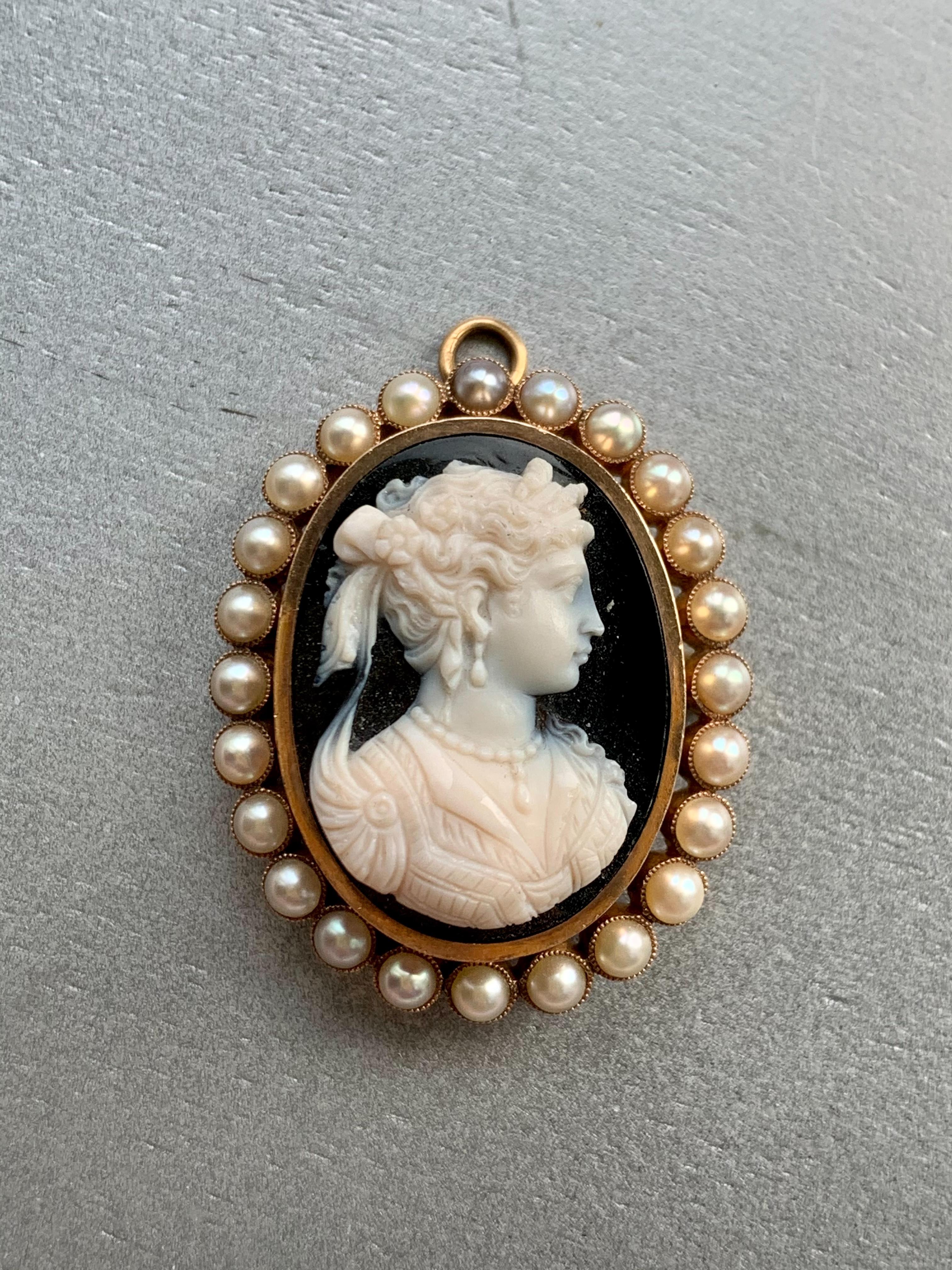 Victorian Stone Cameo Brooch and Pendant with Pearl Halo in 14 Karat Yellow Gold 4