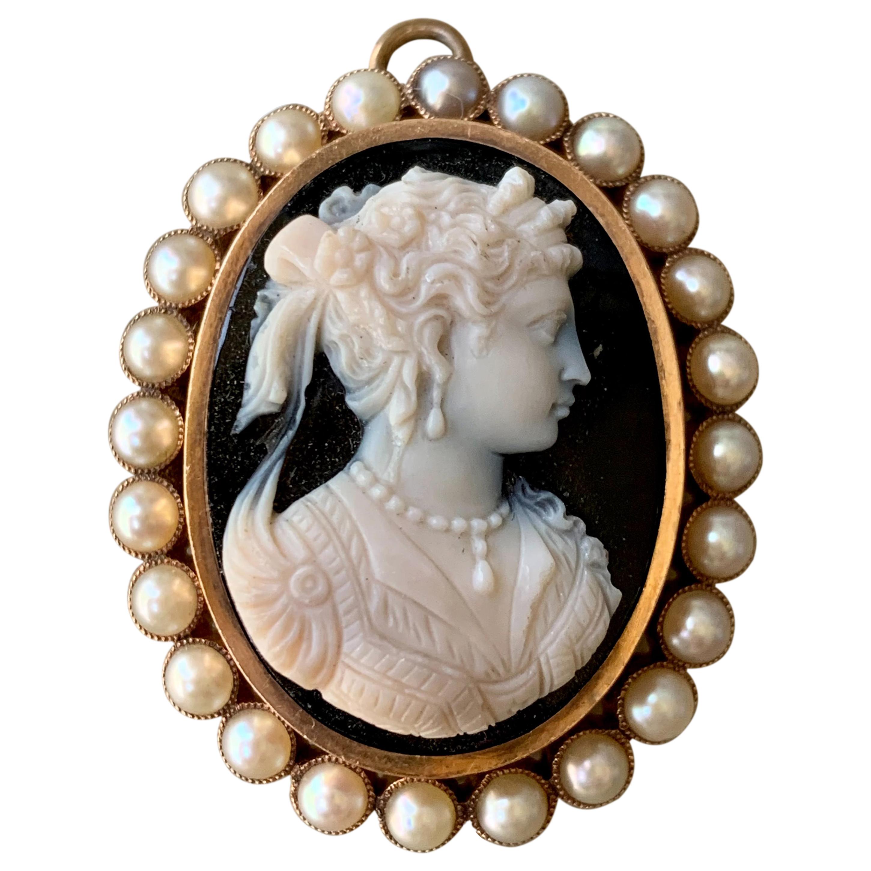 Victorian Stone Cameo Brooch and Pendant with Pearl Halo in 14 Karat Yellow Gold