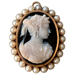 Vintage Victorian Stone Cameo Brooch and Pendant with Pearl Halo in 14 Karat Yellow Gold