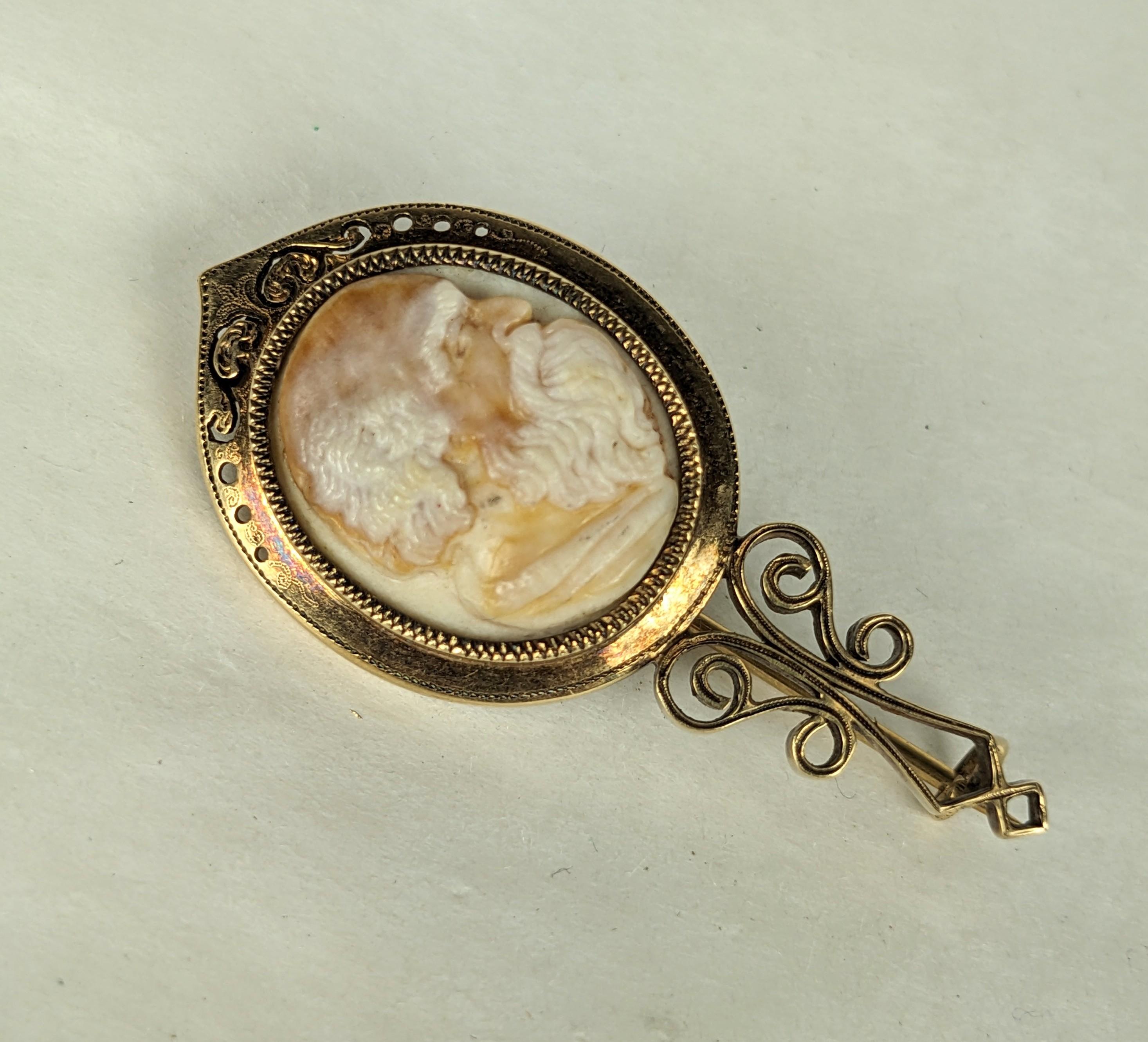 Victorian Stone Cameo Scholar Brooch In Excellent Condition In Riverdale, NY