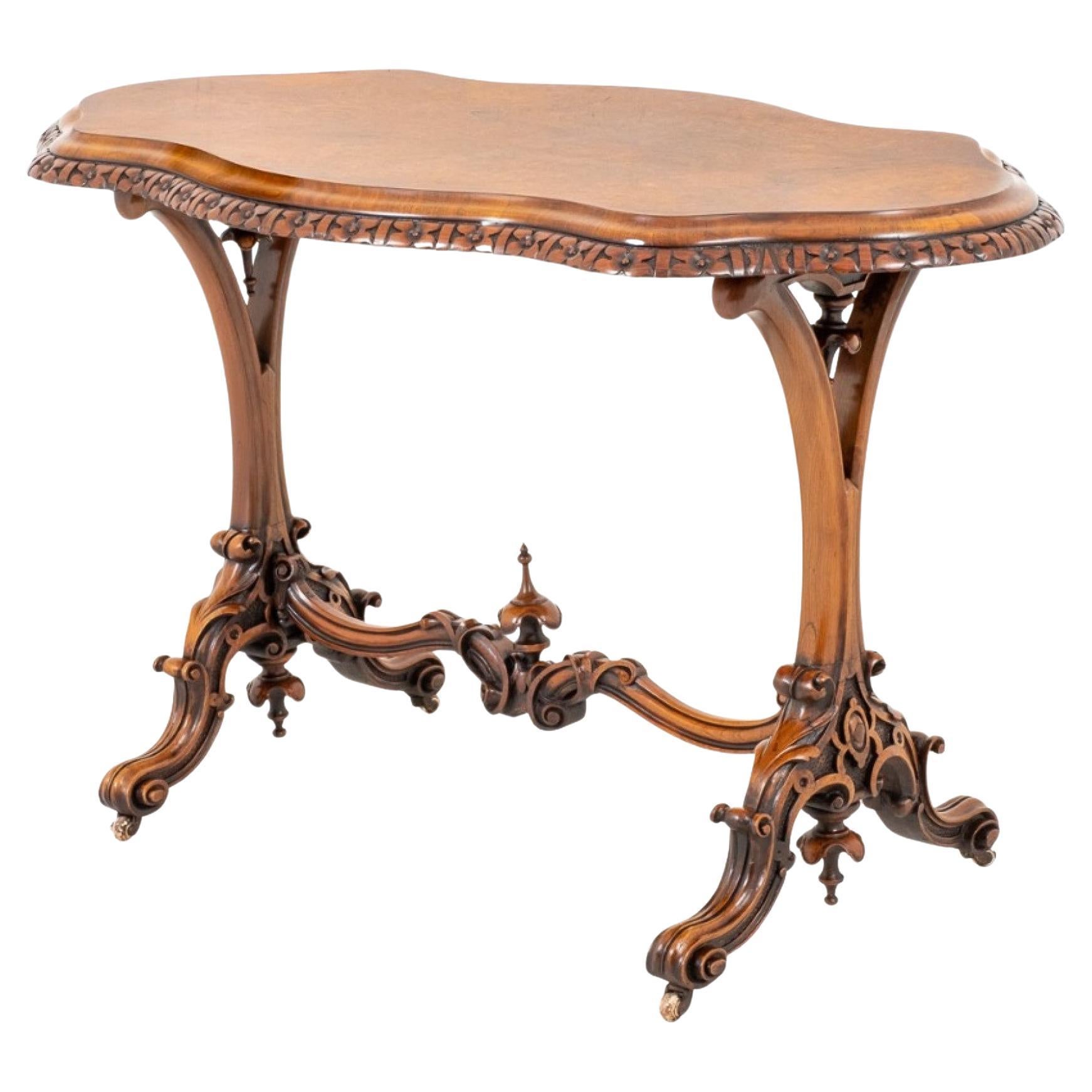 Victorian Stretcher Table, Antique Walnut Side Table 1860 For Sale