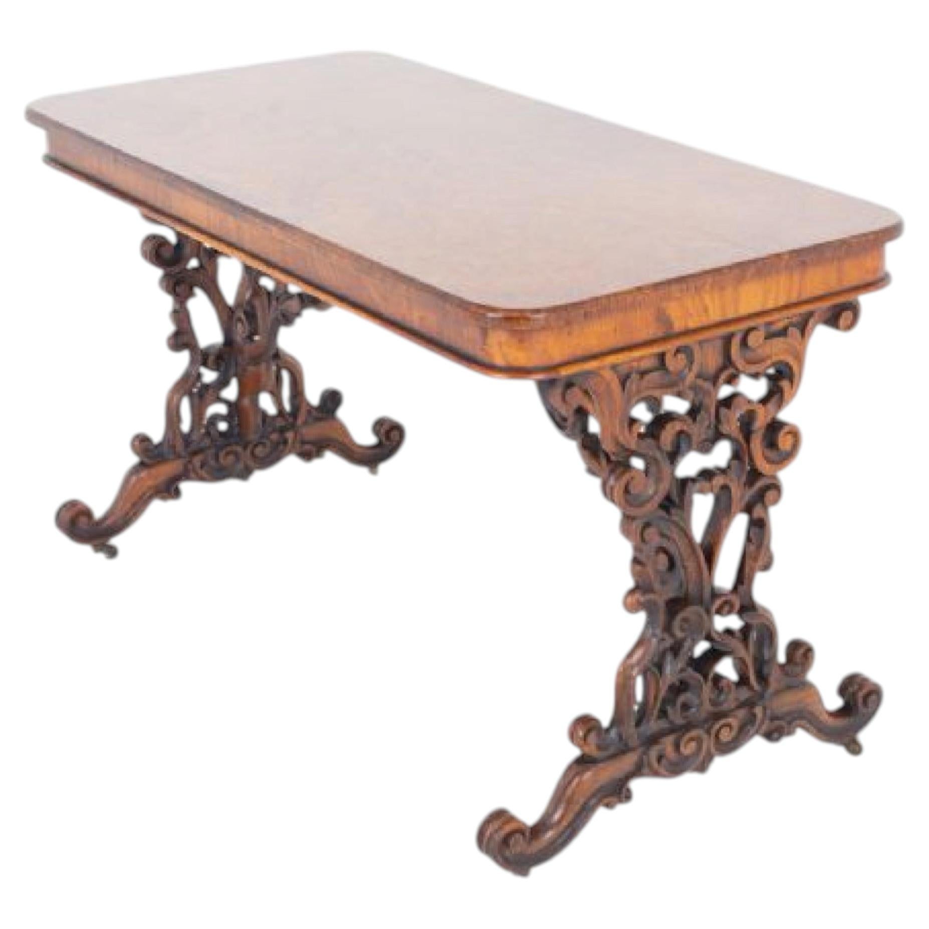 Victorian Stretcher Table Burr Walnut Side 1860 For Sale
