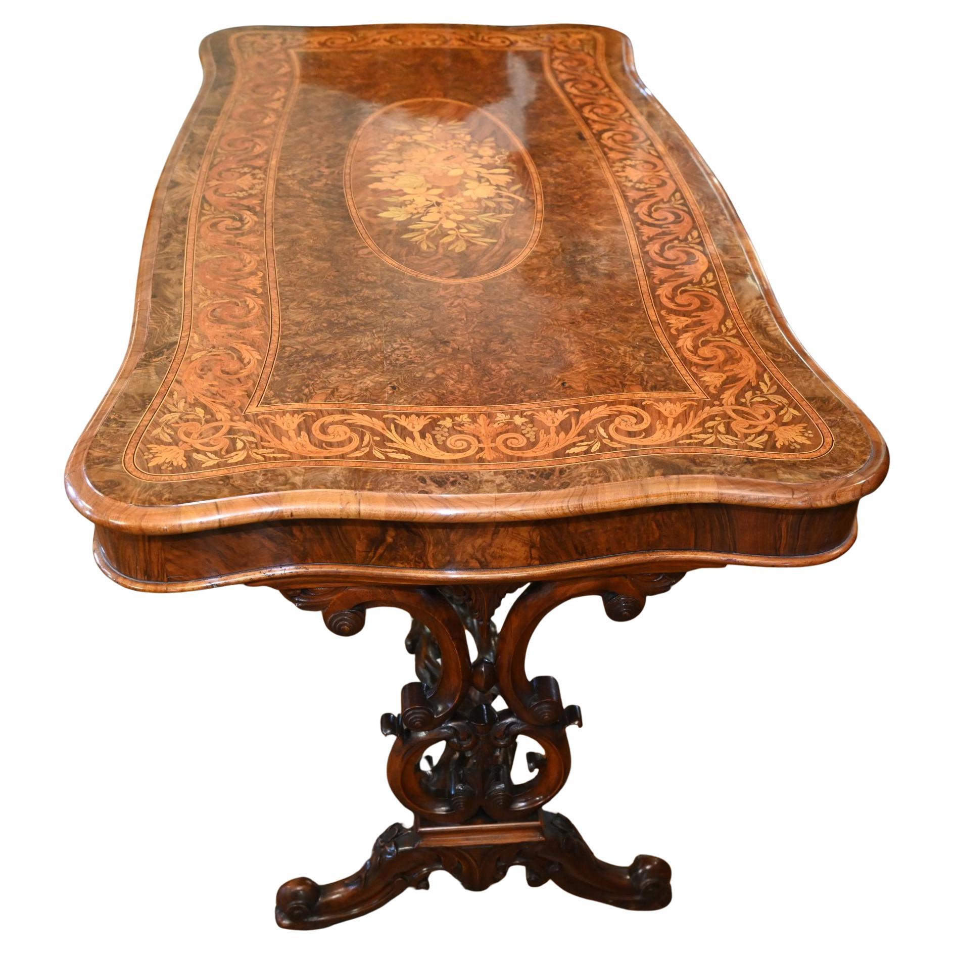 Victorian Stretcher Table Walnut Centre Marquetry Inlay 1860