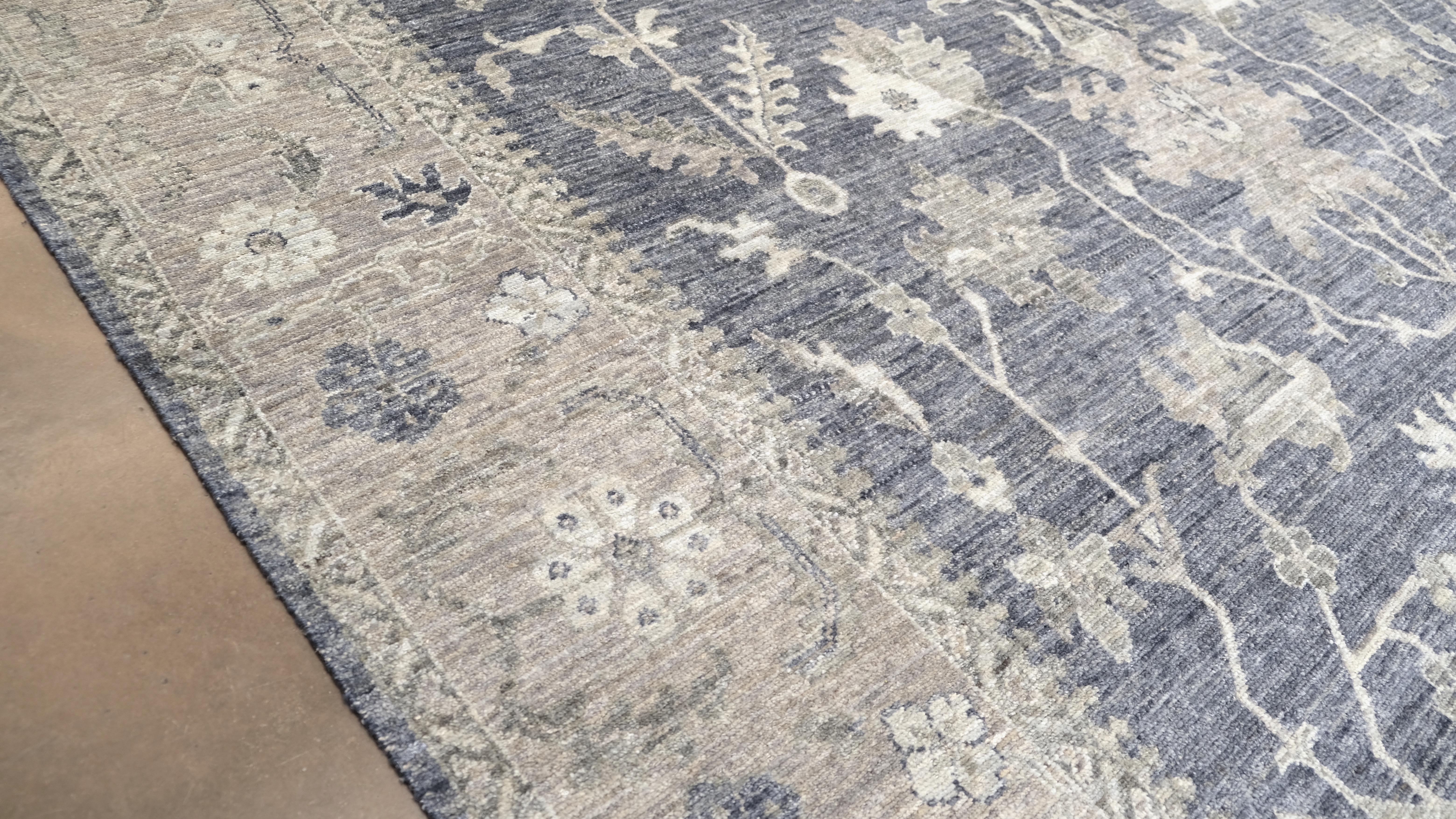 Oushak Tapis victorien en laine à motifs floraux bleu vif 9'1''x12'' en vente
