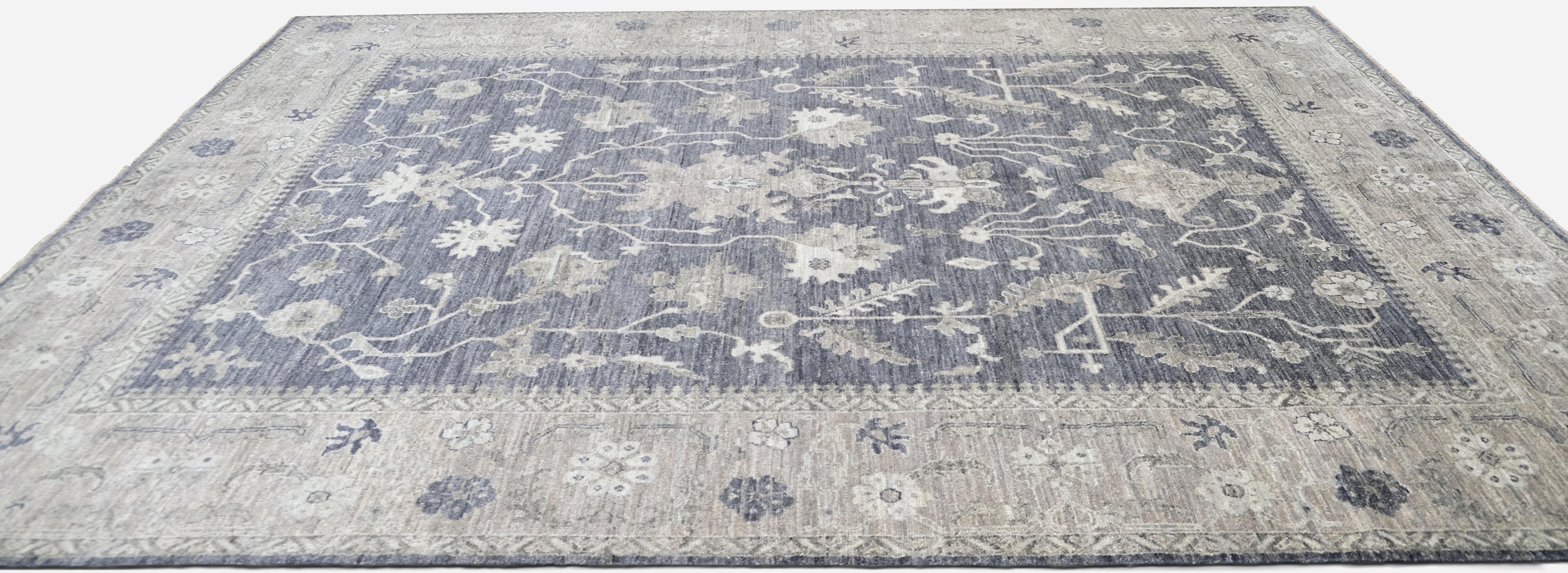 Noué à la main Tapis victorien en laine à motifs floraux bleu vif 9'1''x12'' en vente
