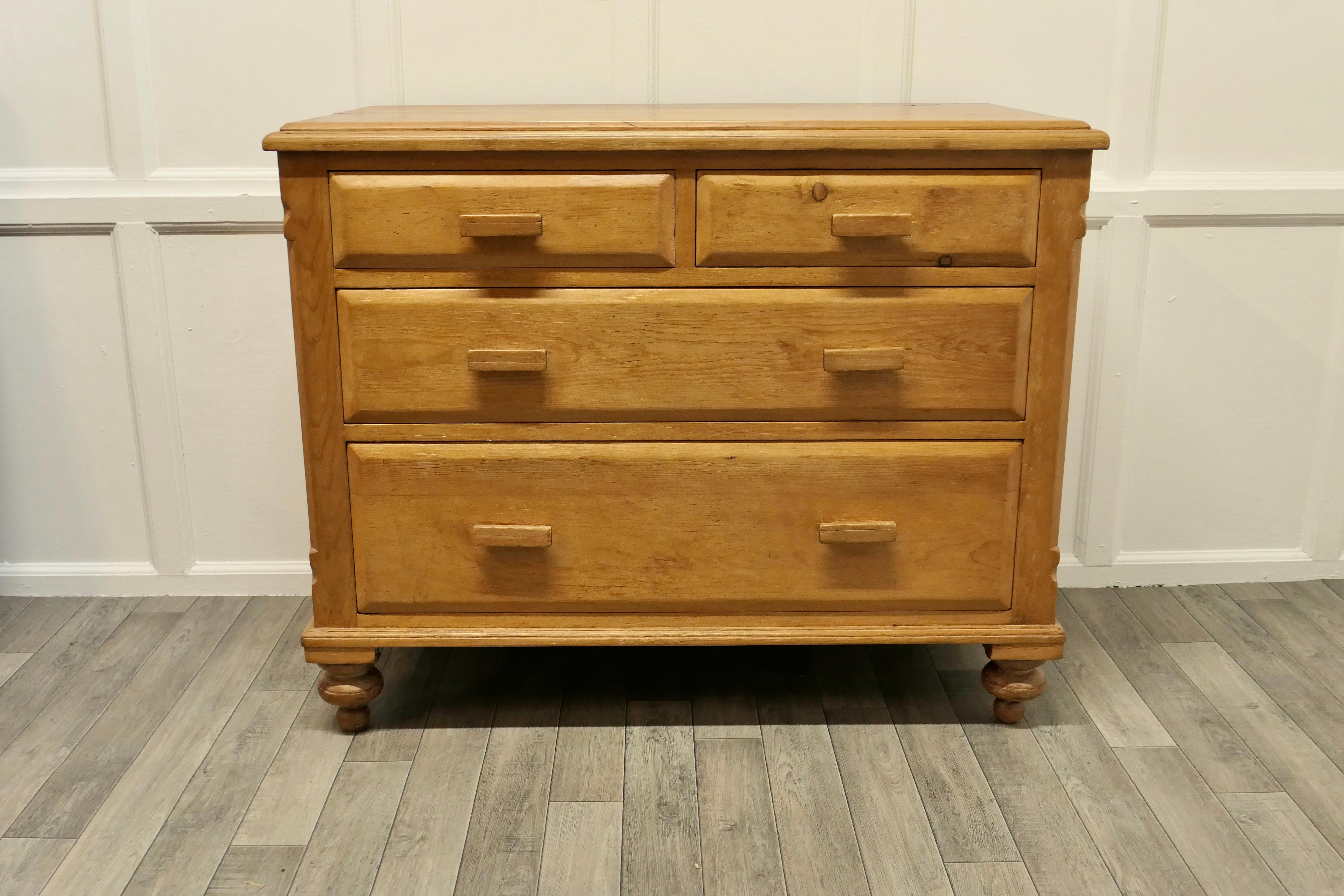 Victorian Stripped Pine Chest of drawers

A Victorian Pine Chest of Drawers, stripped and hand waxed.
The top of the chest has a rounded edge it has two short drawers at the top and two longer graduated drawers beneath, the chest stands on chunky