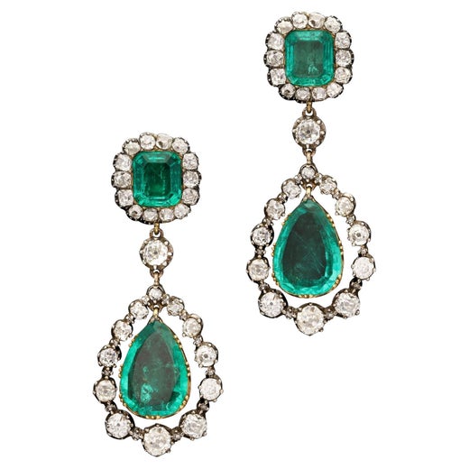 Victorian Stunning Pair of Colombian Emerald and Diamond Drop Earrings Ca.  1870s For Sale at 1stDibs