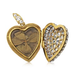 Victorian Stunning Pavé Diamond Heart Shape Locket Pendant 4 Leaf Clover Inside