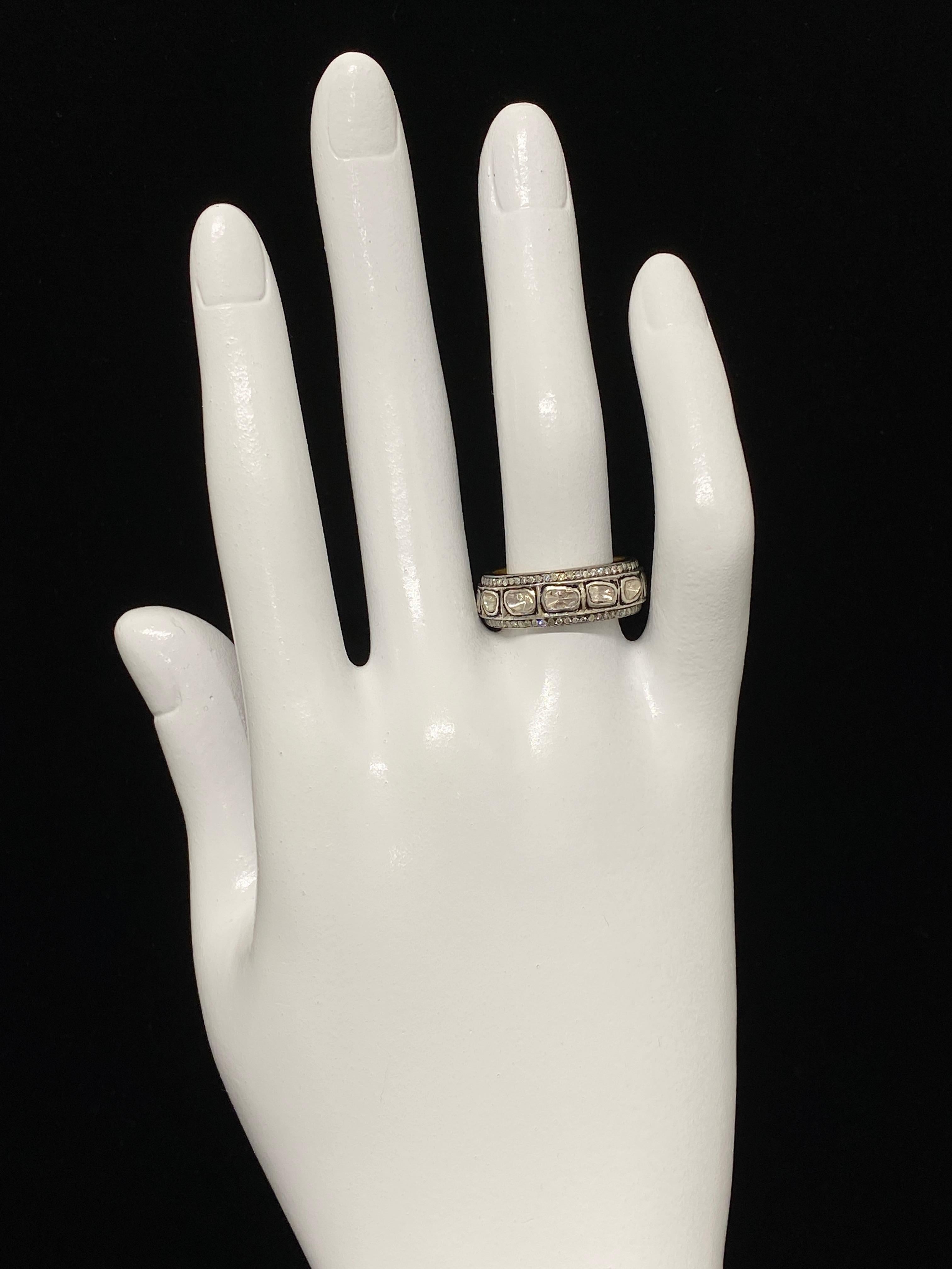 Uncut Victorian Style, 0.65 Carat Polki Diamonds Full Eternity Ring Set in Silver&Gold