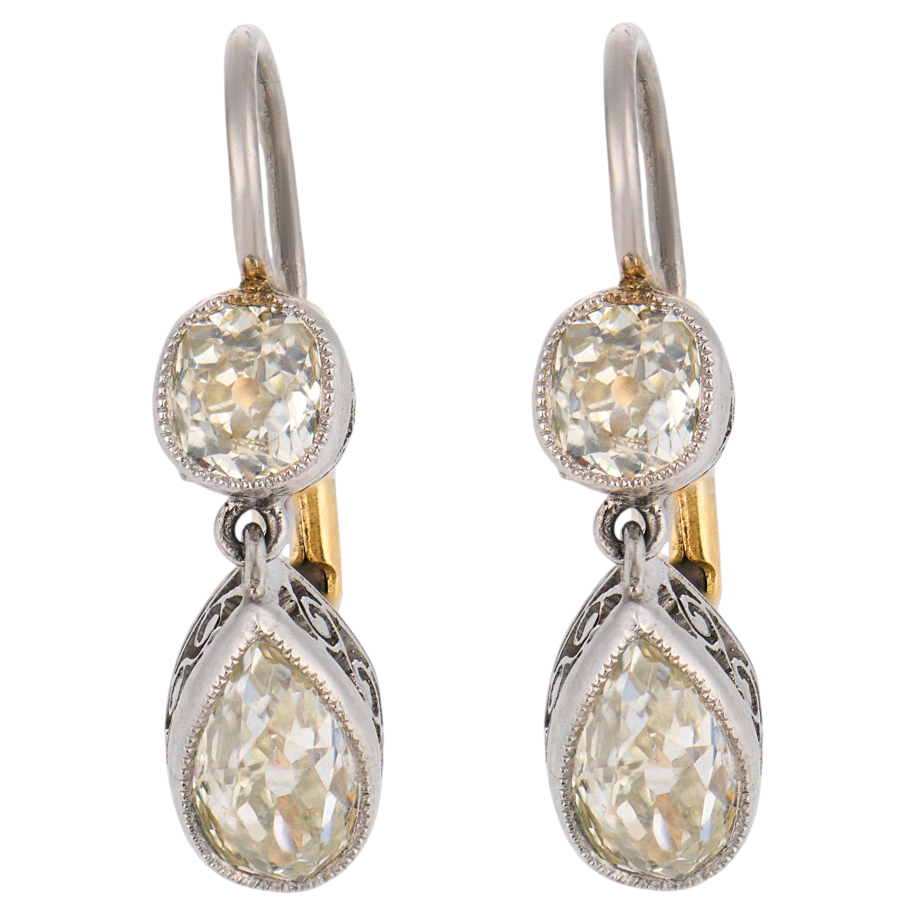 Victorian style 1.33 carat old cut diamond platinum 18k gold drop earrings