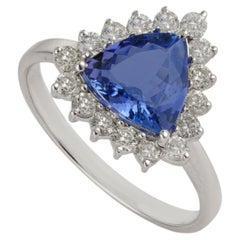 Victorian Style 1.38ct Trillion-Cut Tanzanite & Diamond Halo Ring 18K White Gold