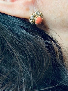 Victorian Style 14K Gold Coral Flower Pair Of Earrings