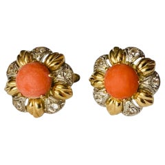Victorian Style 14K Gold Coral Flower Pair Of Earrings