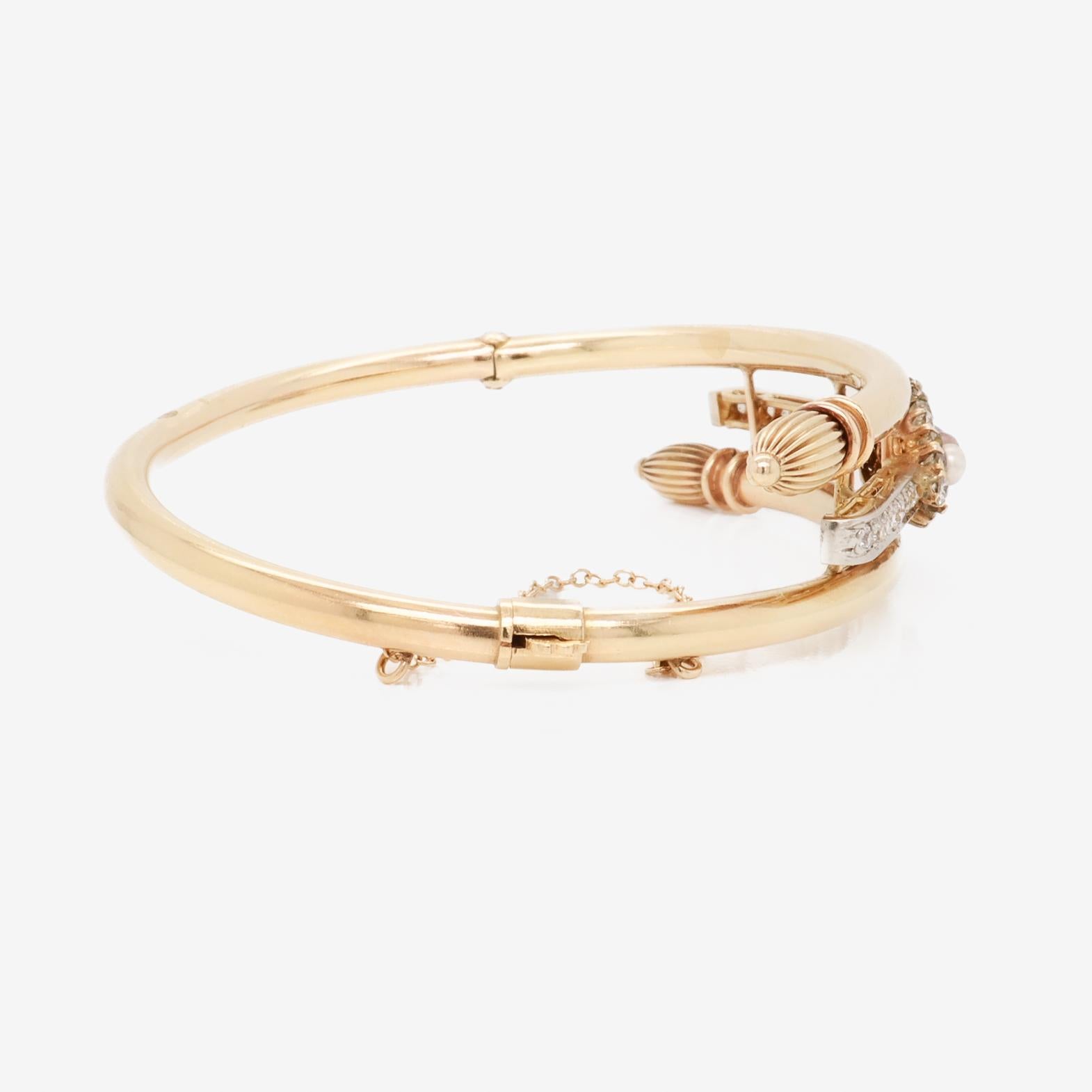 Pulsera Bypass Estilo Victoriano Oro 14K, Diamantes y Perlas en venta 3