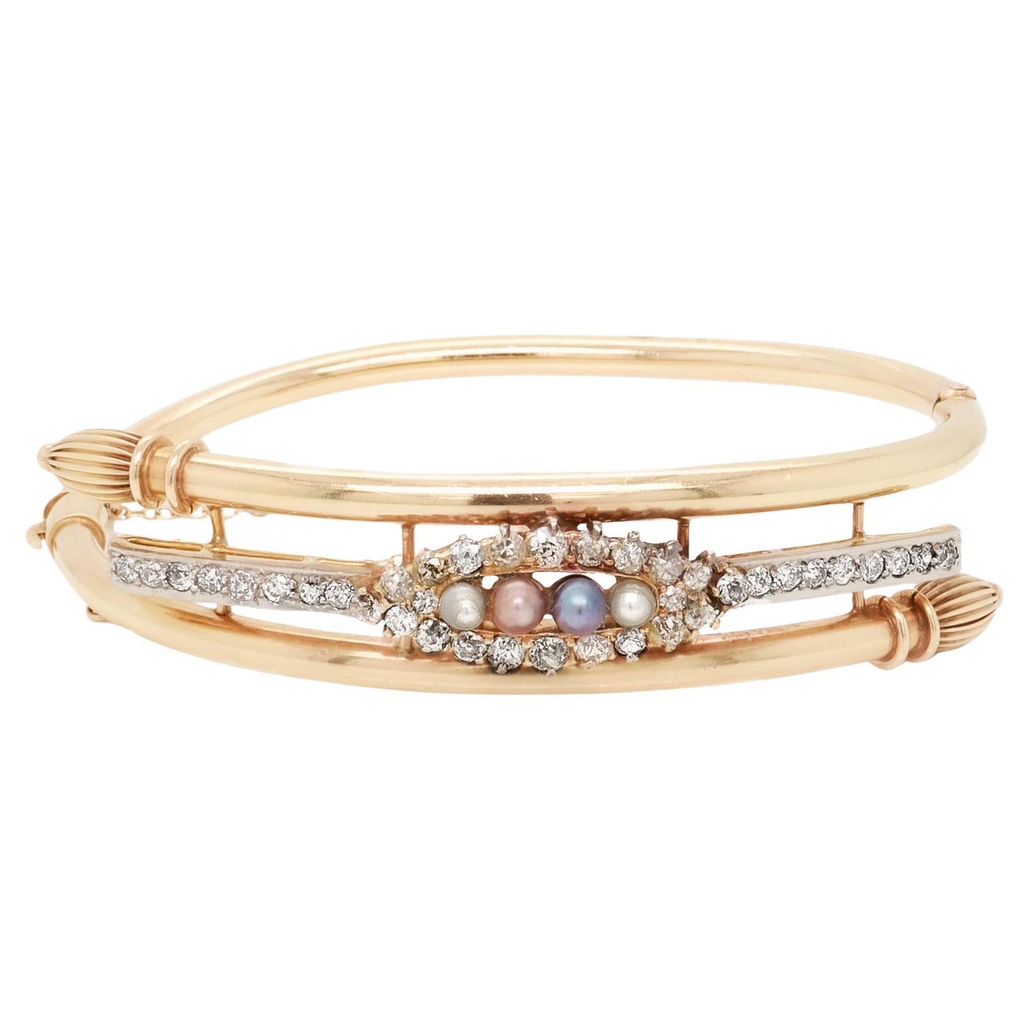 Victorian Style 14K Gold, Diamond & Pearls Bypass Bracelet