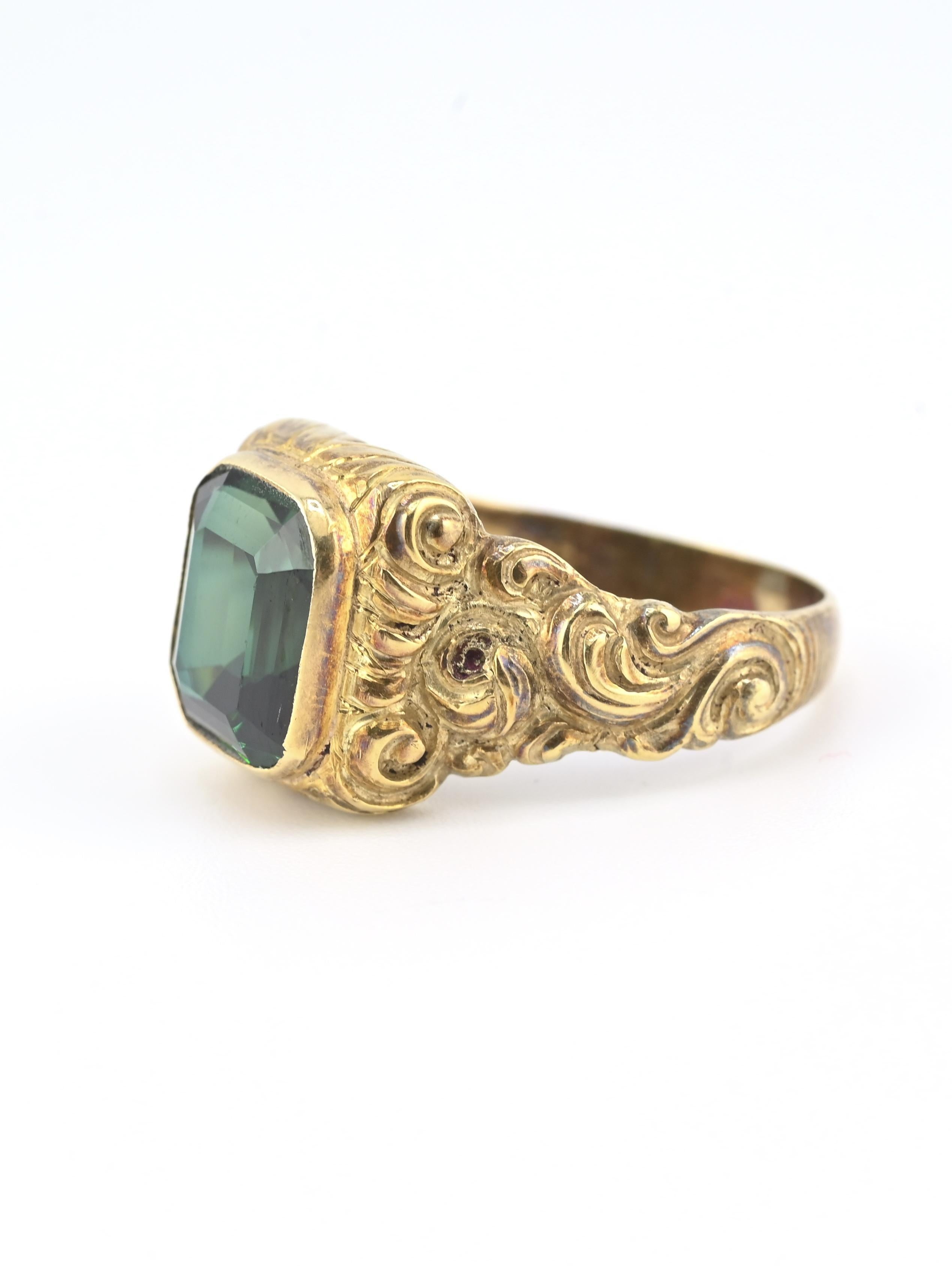 Ein Goldring im viktorianischen Stil mit einem GIA-zertifizierten Labor-Spinell in einer kunstvollen, handgefertigten Fassung mit exquisiten Schnörkel-Details. Das Design ist vom viktorianischen Schmuck des 19. Jahrhunderts inspiriert, der für seine