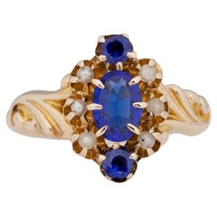 Victorian Style 14K Yellow Gold Deep Blue & Seed Pearl Vintage Three Stone Ring